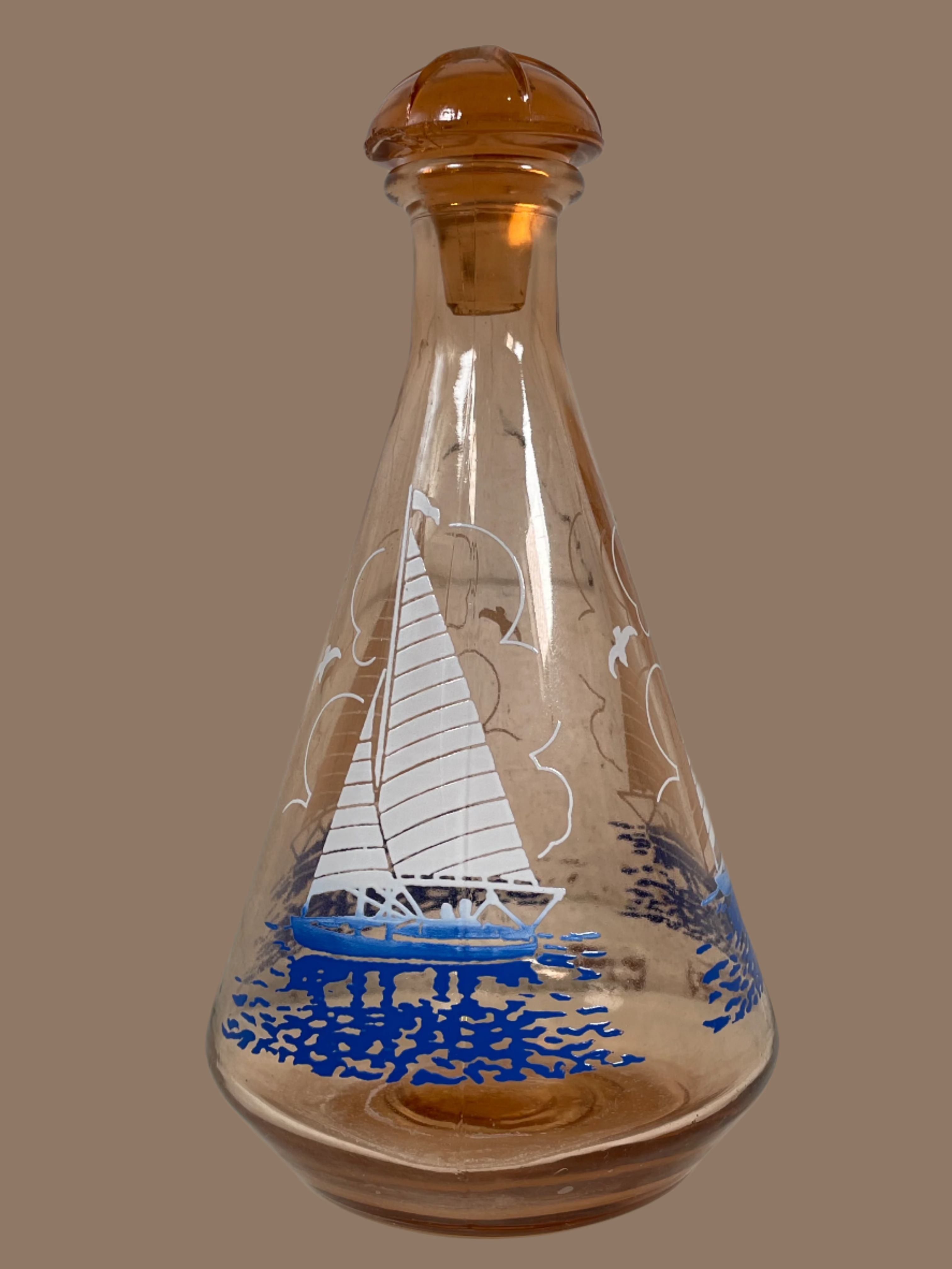 Vintage Pink Amber Glass White Blue Fade Sailboat Decanter & Shot Glasses