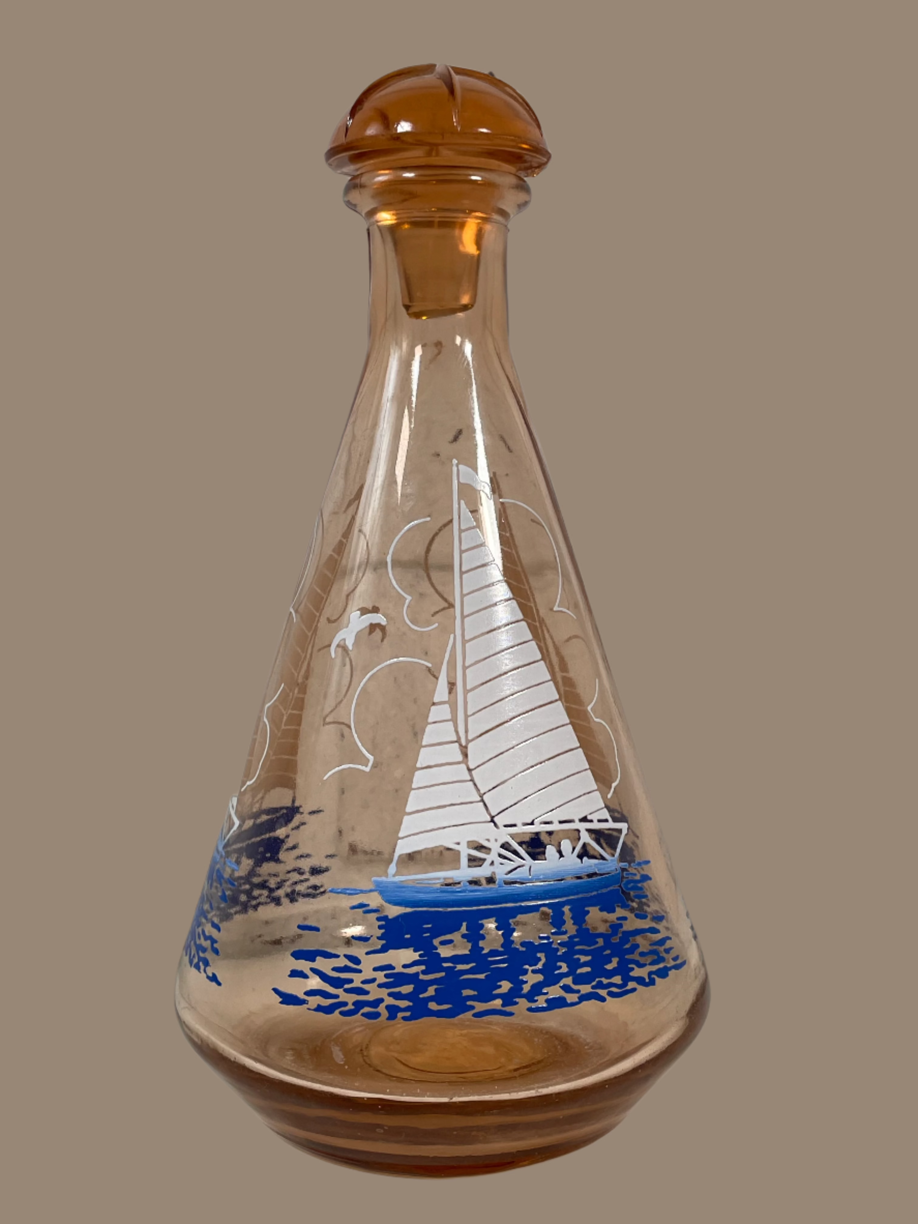 Vintage Pink Amber Glass White Blue Fade Sailboat Decanter & Shot Glasses