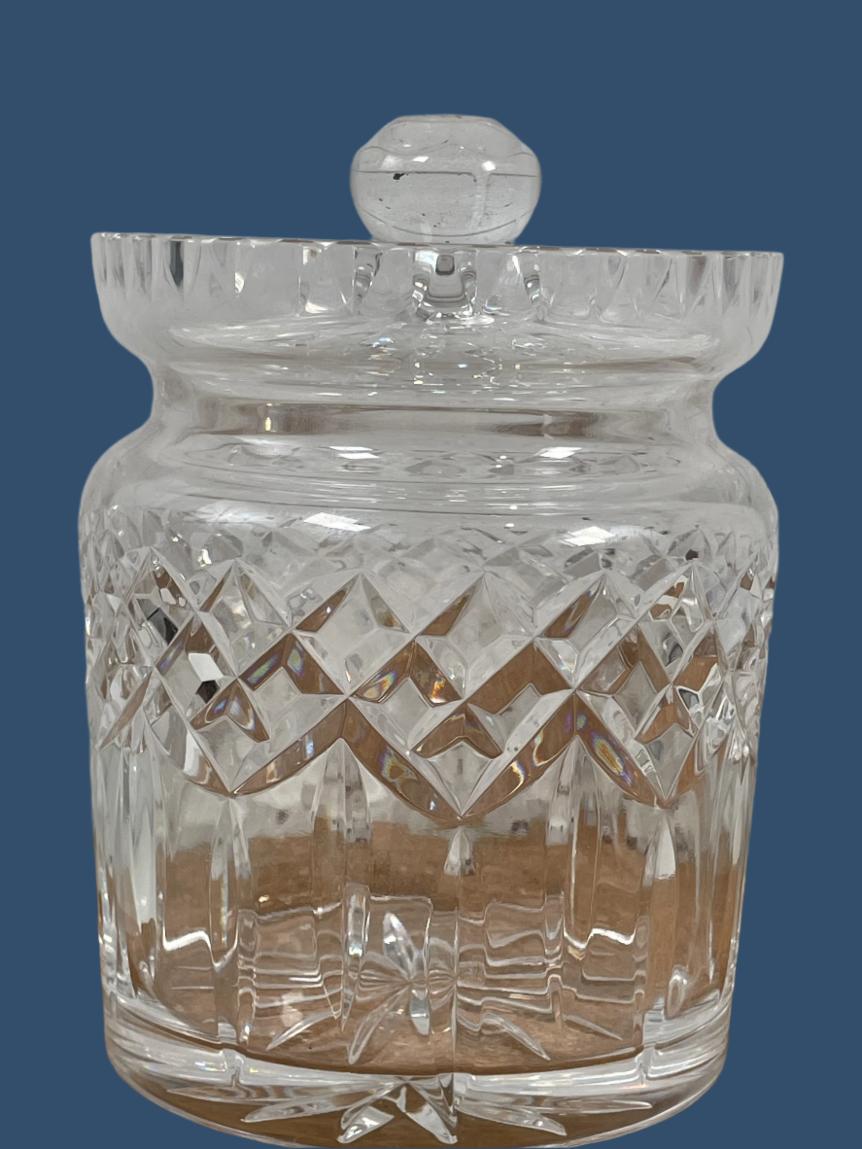 Waterford Crystal Lidded Candy Jar – Diamond Cut with Starburst Finial – Signed