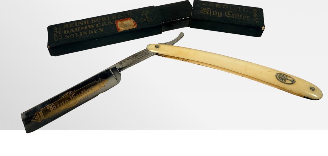 Antique H. Boker King Cutter straight razor with original case, made in Solingen Germany. Classic Tree Brand collectible barber razor.