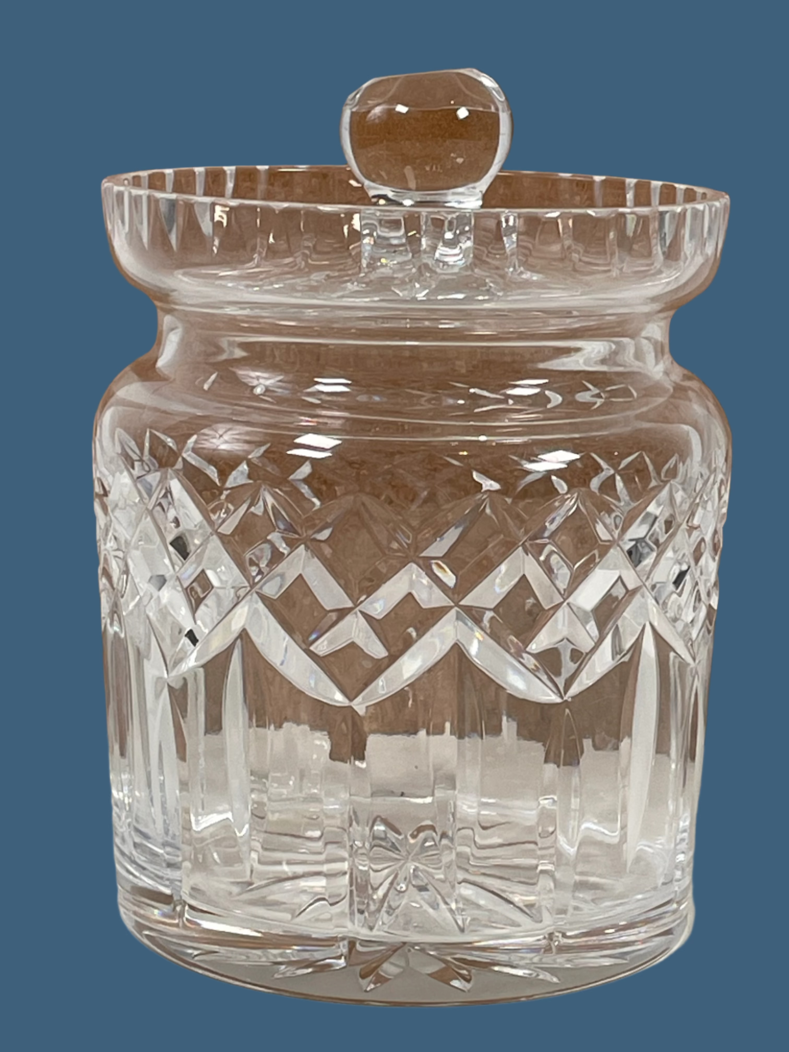 Waterford Crystal Lidded Candy Jar – Diamond Cut with Starburst Finial – Signed