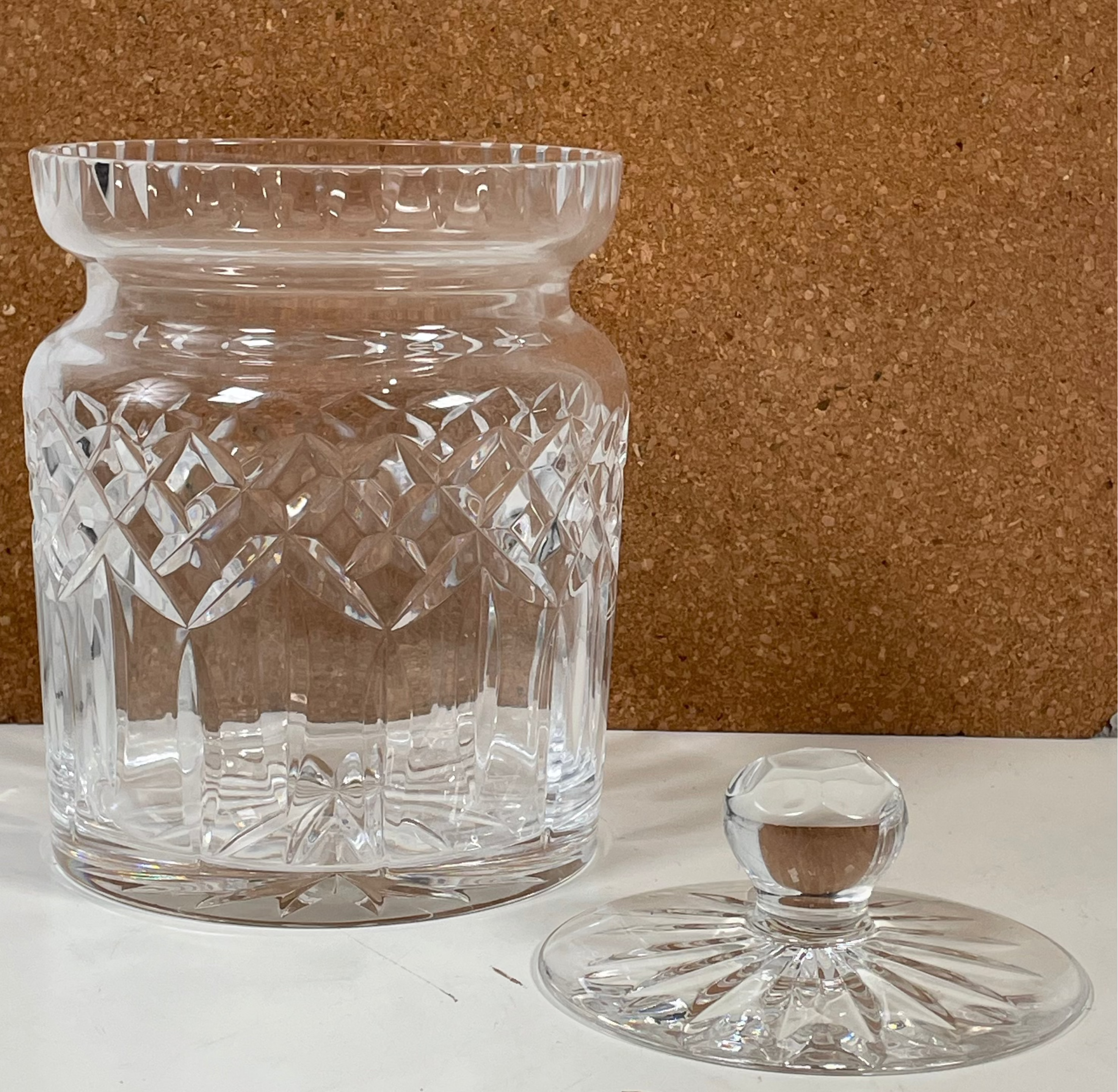 Waterford Crystal Lidded Candy Jar – Diamond Cut with Starburst Finial – Signed