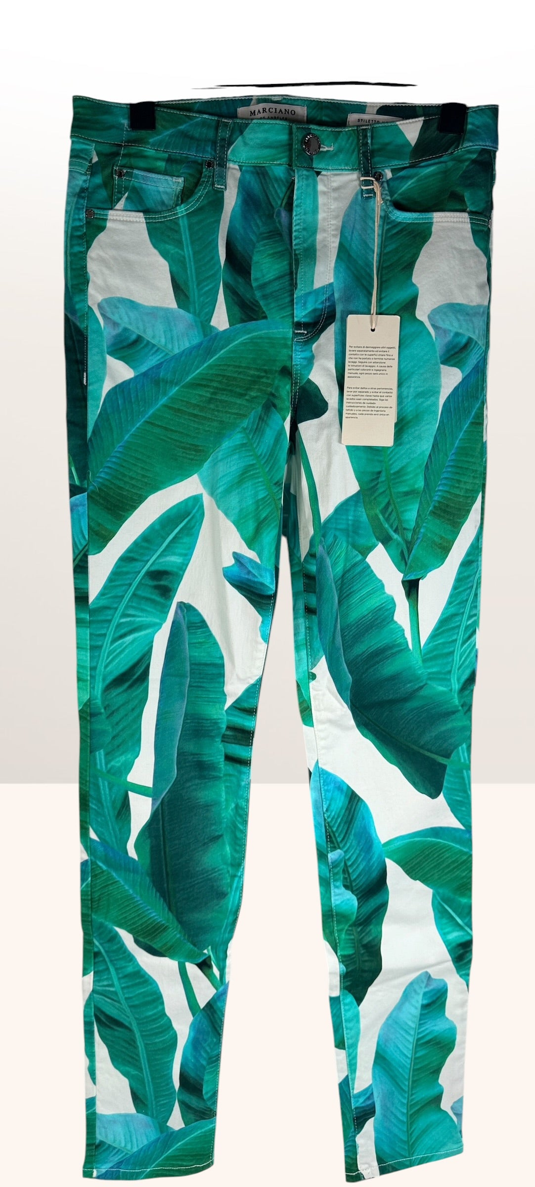 Marciano Tahitian Tropic skinny jeans size 29, bold tropical print designer denim made in USA with original tags attached.