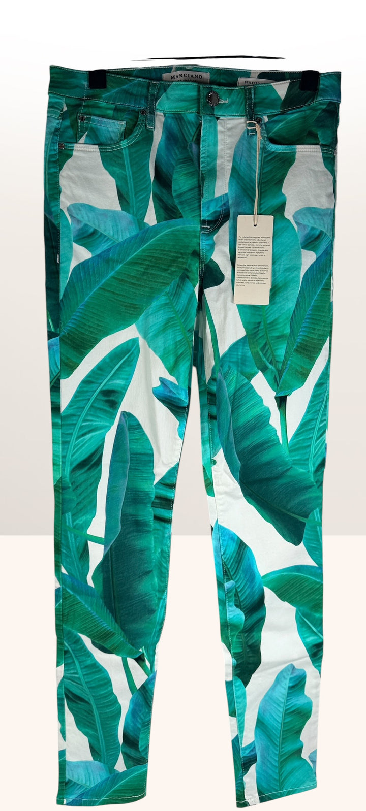 Marciano Tahitian Tropic skinny jeans size 29, bold tropical print designer denim made in USA with original tags attached.