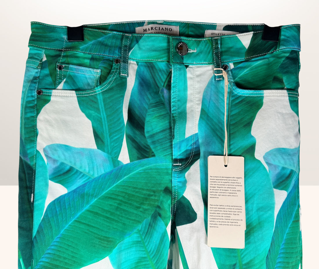 Marciano Tahitian Tropic skinny jeans size 29, bold tropical print designer denim made in USA with original tags attached.