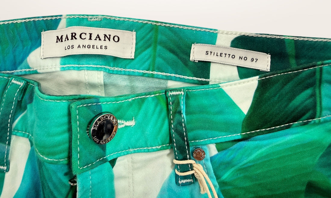 Marciano Tahitian Tropic skinny jeans size 29, bold tropical print designer denim made in USA with original tags attached.