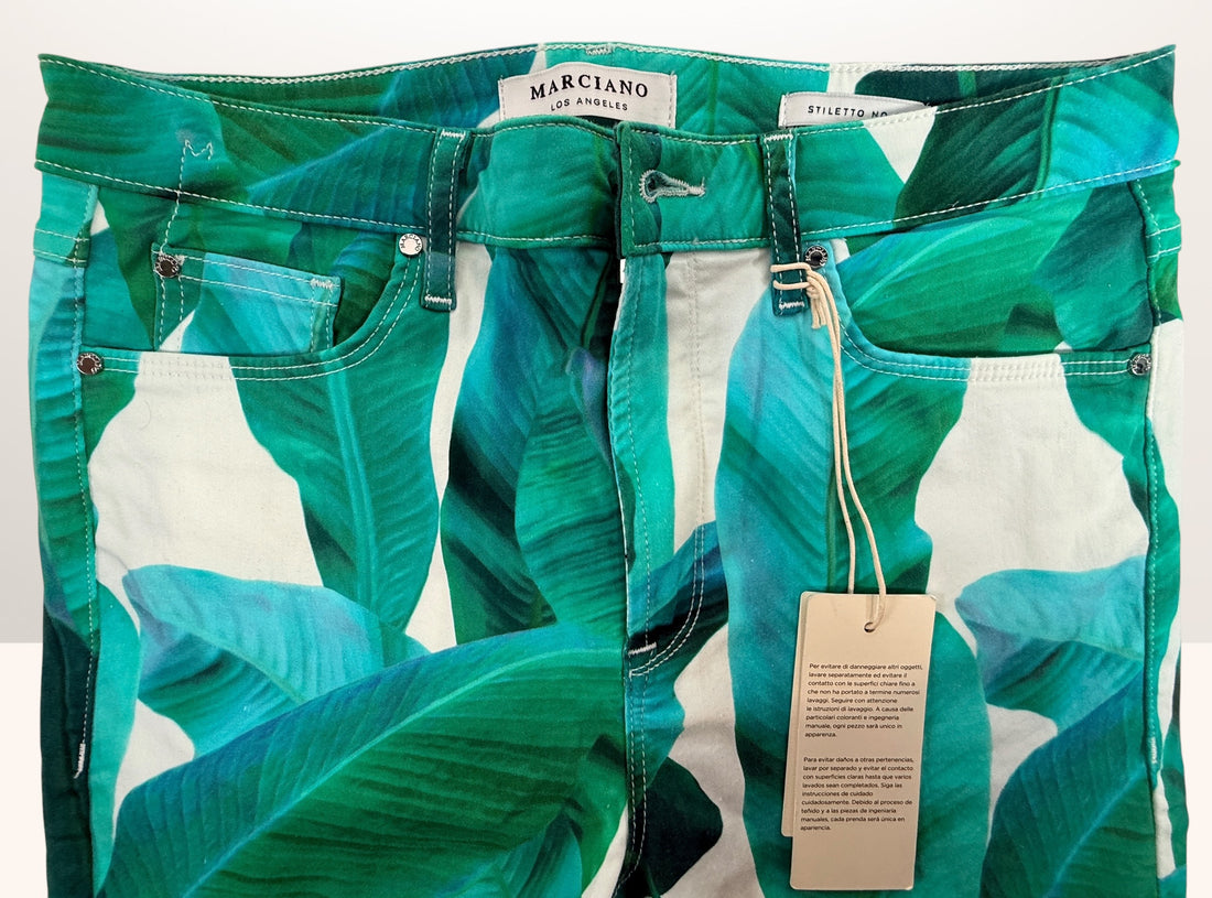 Marciano Tahitian Tropic skinny jeans size 29, bold tropical print designer denim made in USA with original tags attached.