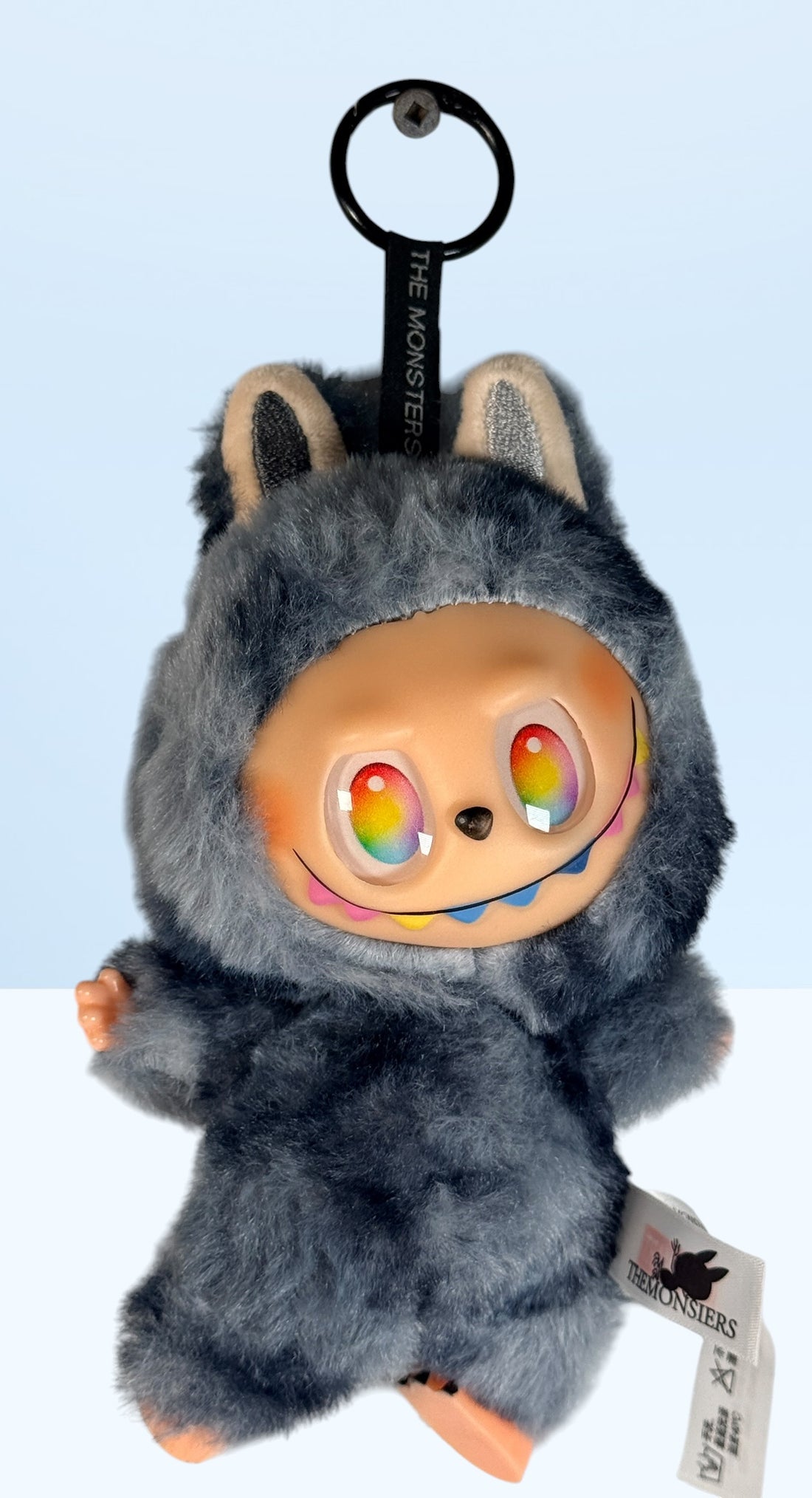 POP MART THE MONSTERS Labubu plush keychain with rainbow eyes and original tags. Collectible designer toy bag charm in excellent condition.