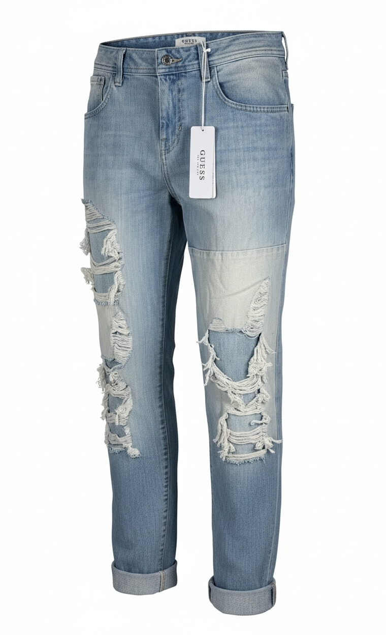 GUESS Boy Fit distressed jeans in light wash denim, size 29, new with tags. Trendy ripped boyfriend-fit jeans with modern Y2K streetwear style.