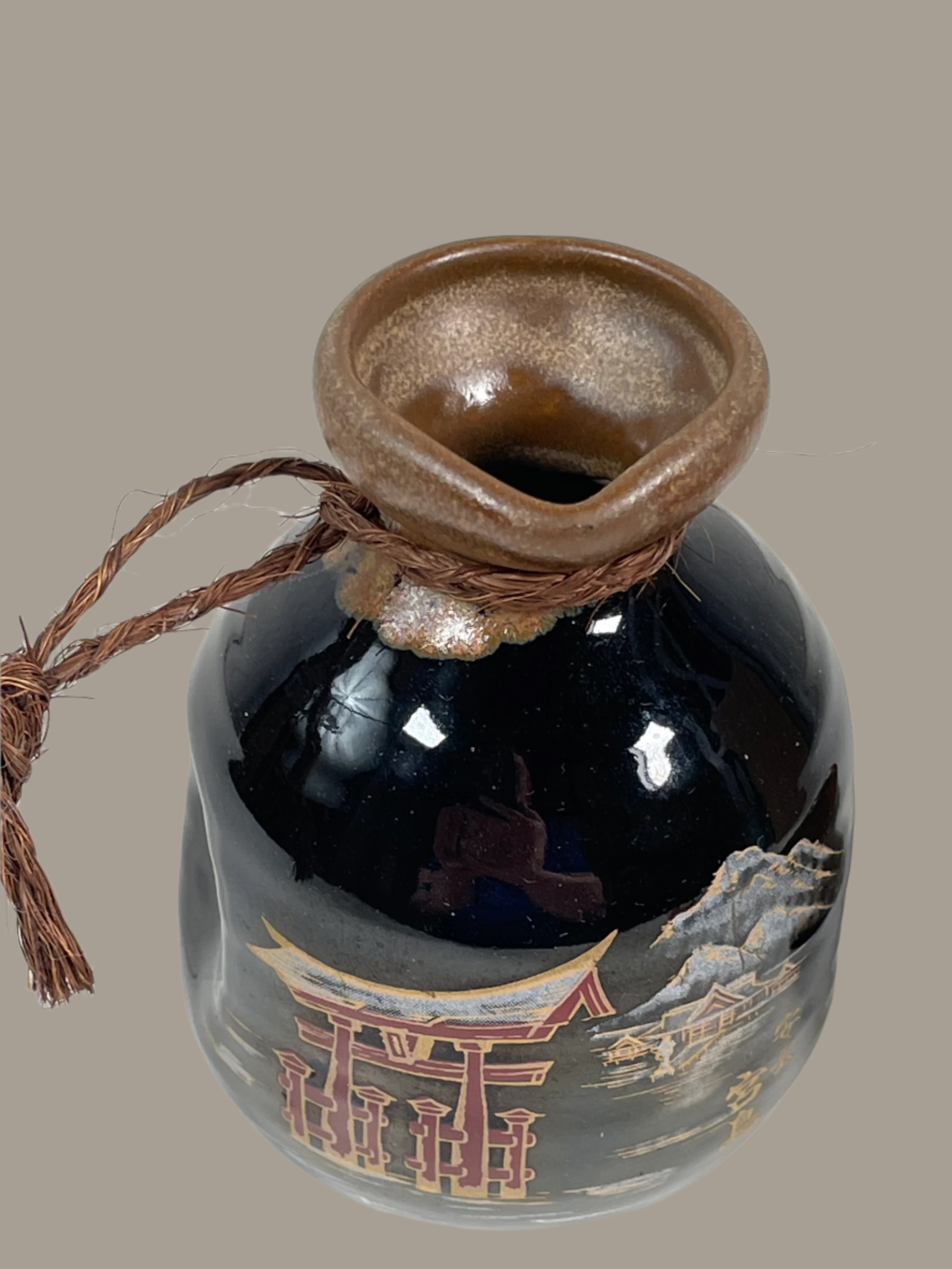 Vintage Japanese Stoneware Sake Bottle & Cup – Hand-Painted, Signed – 5”