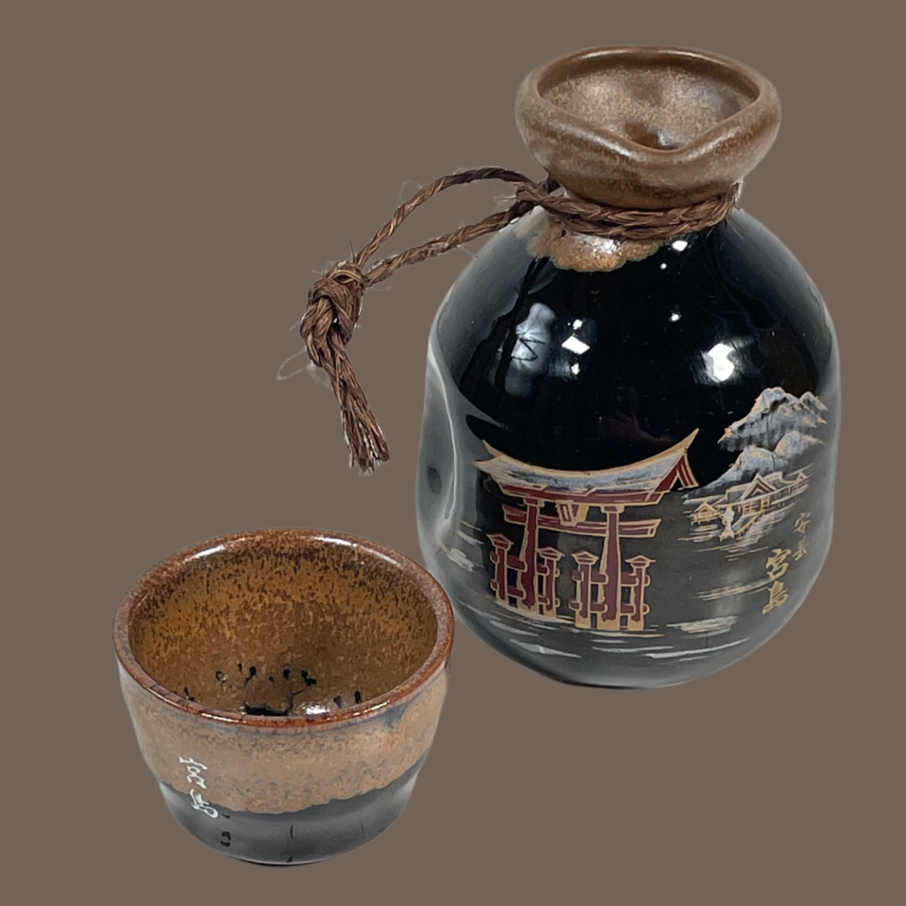 Vintage Japanese Stoneware Sake Bottle & Cup – Hand-Painted, Signed – 5”