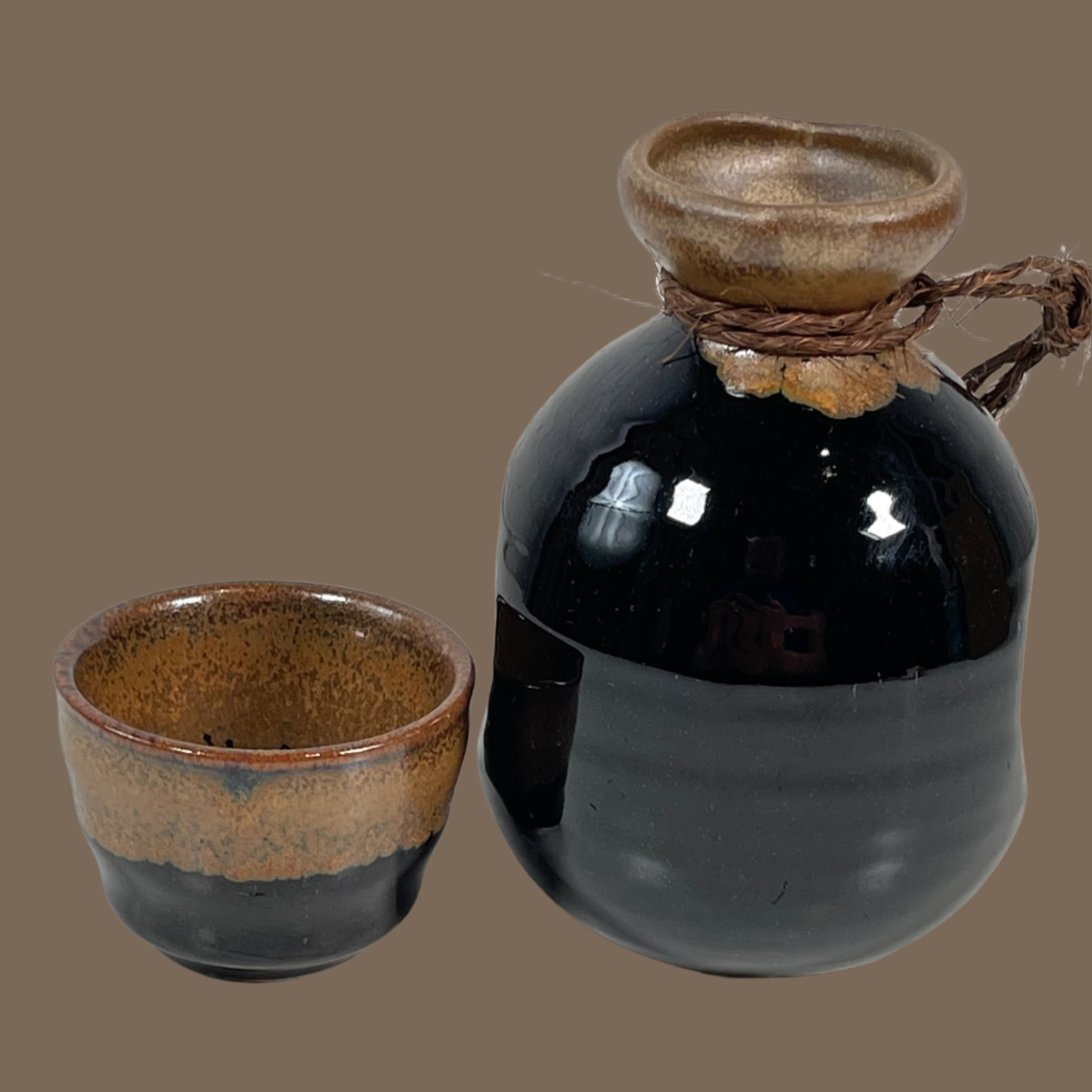 Vintage Japanese Stoneware Sake Bottle & Cup – Hand-Painted, Signed – 5”