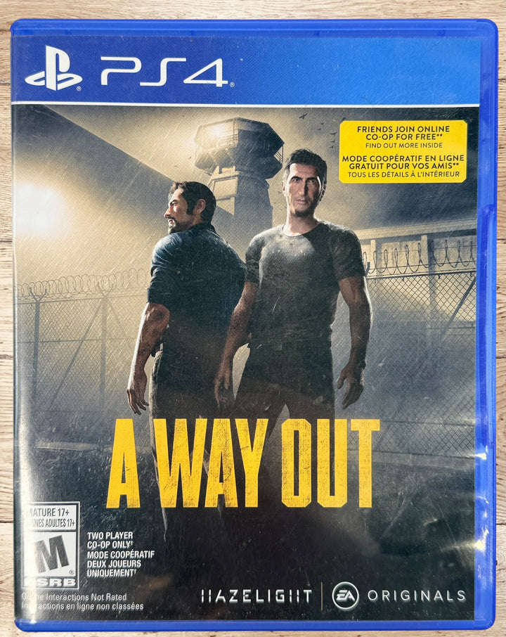 Complete PS4 copy of A Way Out co-op adventure game with case, artwork, insert, and original disc included.