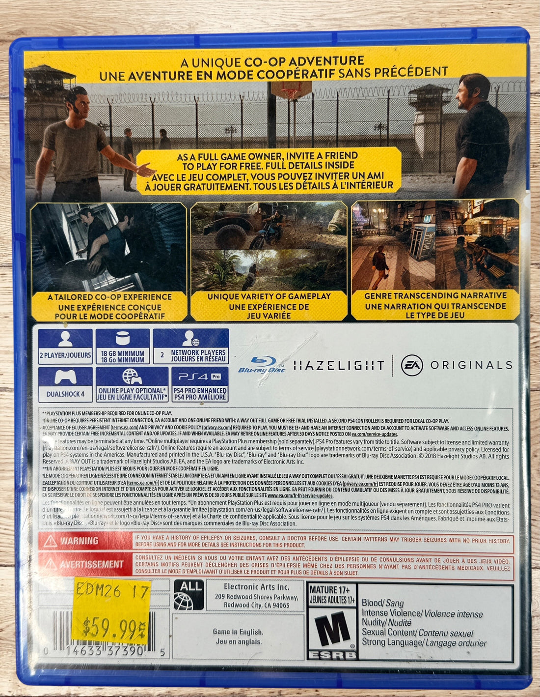Complete PS4 copy of A Way Out co-op adventure game with case, artwork, insert, and original disc included.