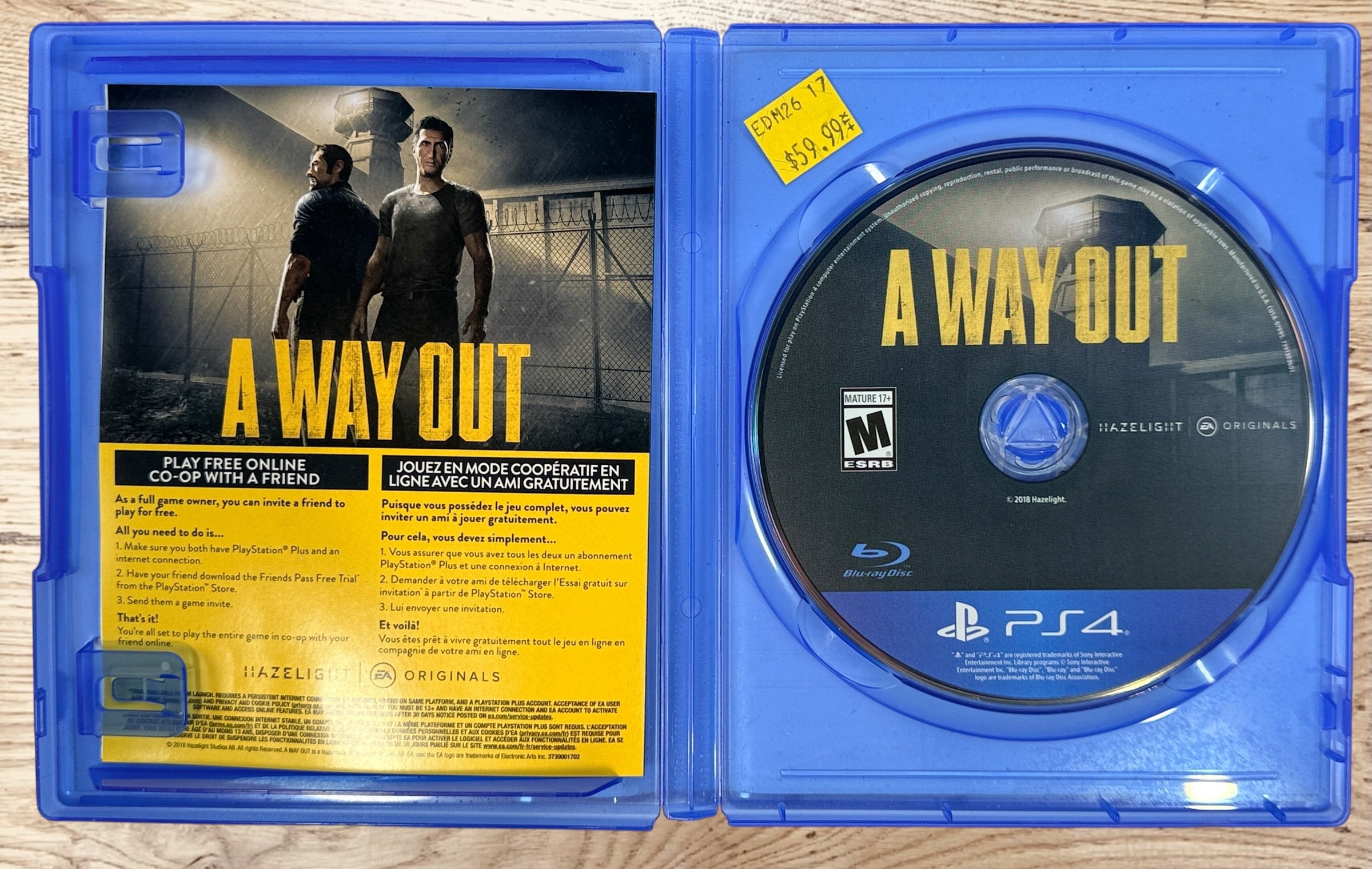 Complete PS4 copy of A Way Out co-op adventure game with case, artwork, insert, and original disc included.