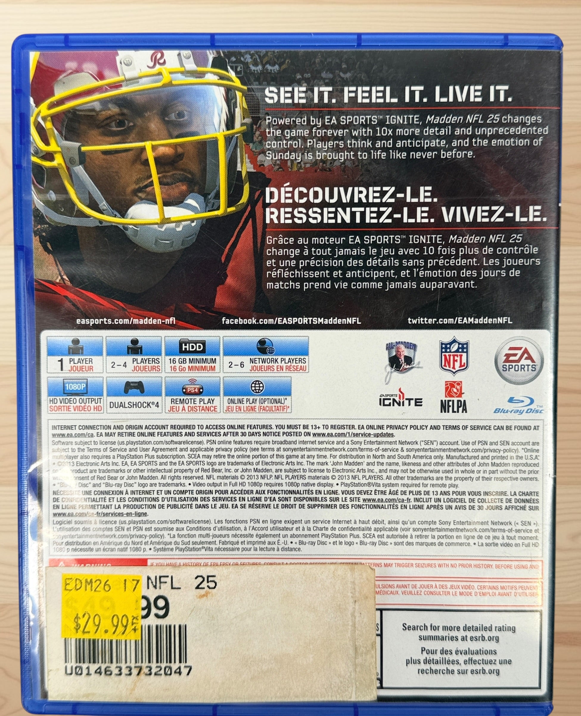 Complete-in-box PS4 Madden NFL 25 game with original case and disc. Classic EA Sports football title featuring Adrian Peterson.