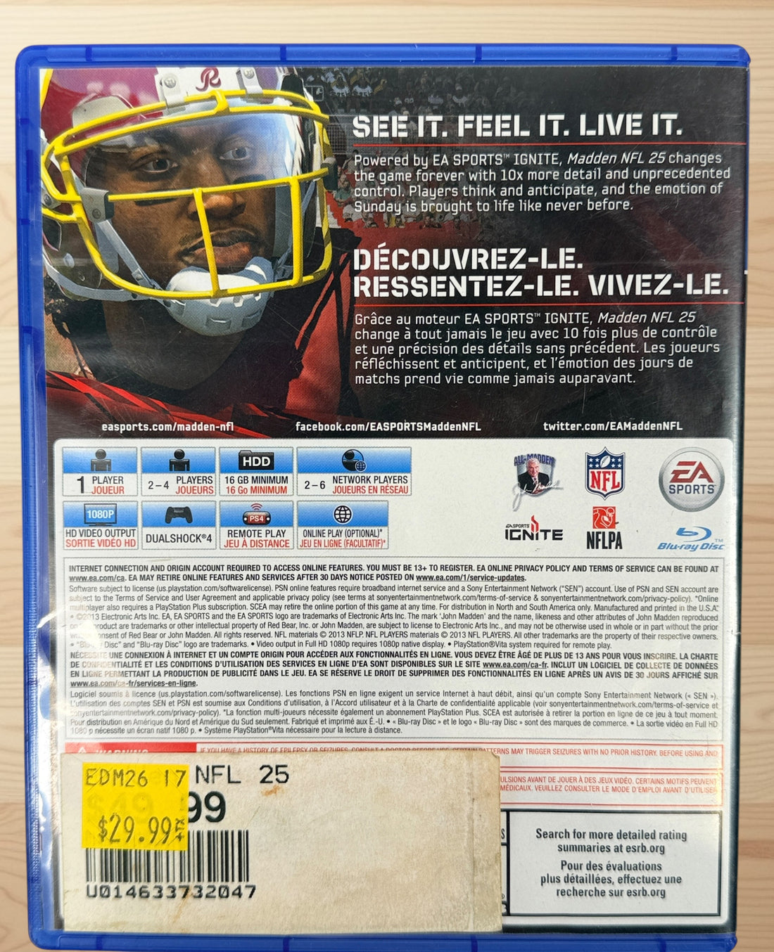 Complete-in-box PS4 Madden NFL 25 game with original case and disc. Classic EA Sports football title featuring Adrian Peterson.