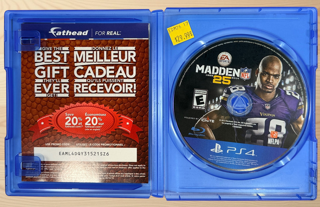 Complete-in-box PS4 Madden NFL 25 game with original case and disc. Classic EA Sports football title featuring Adrian Peterson.