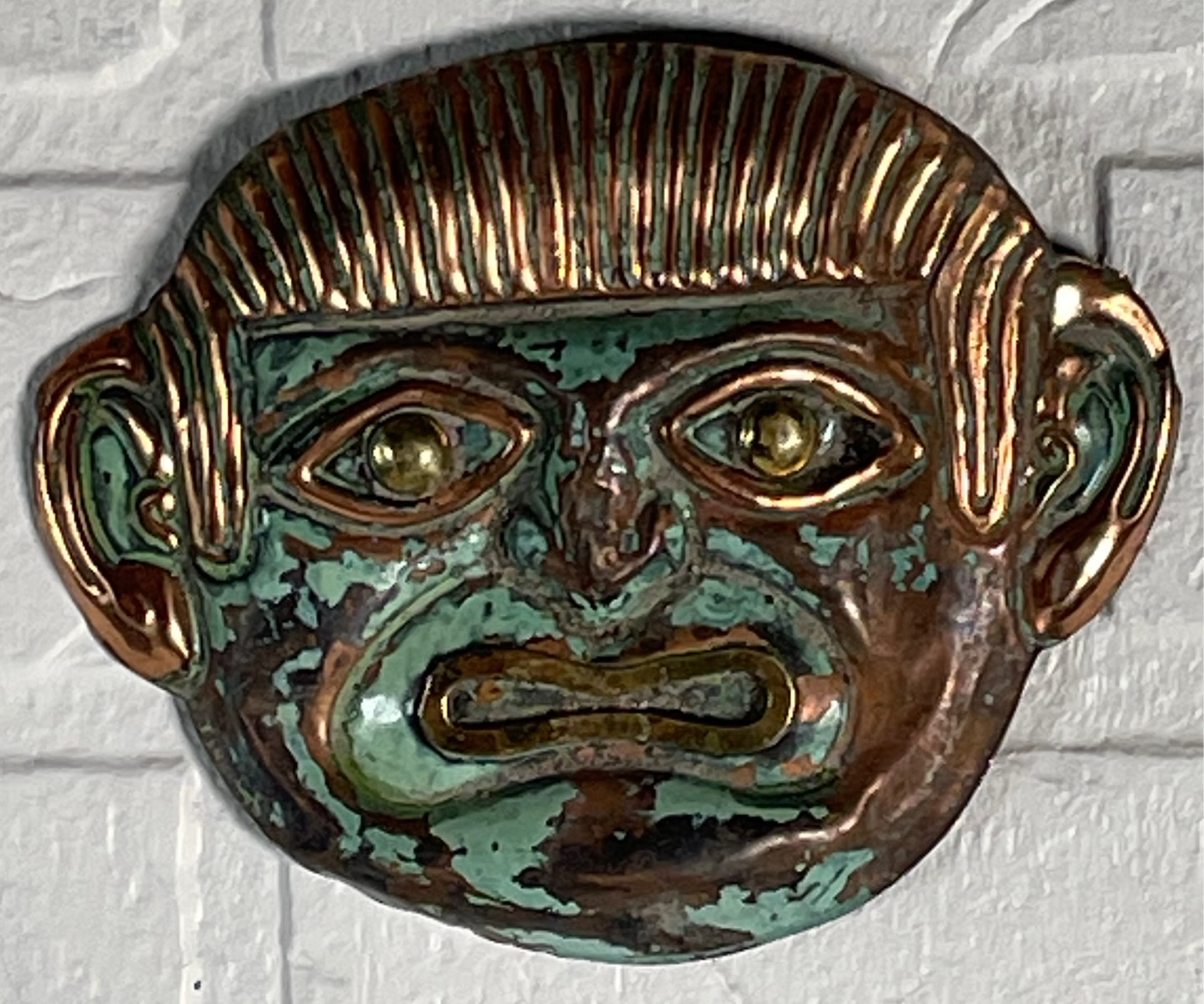 Vintage Peruvian Copper Mask – Handcrafted Metal God Head Wall Art