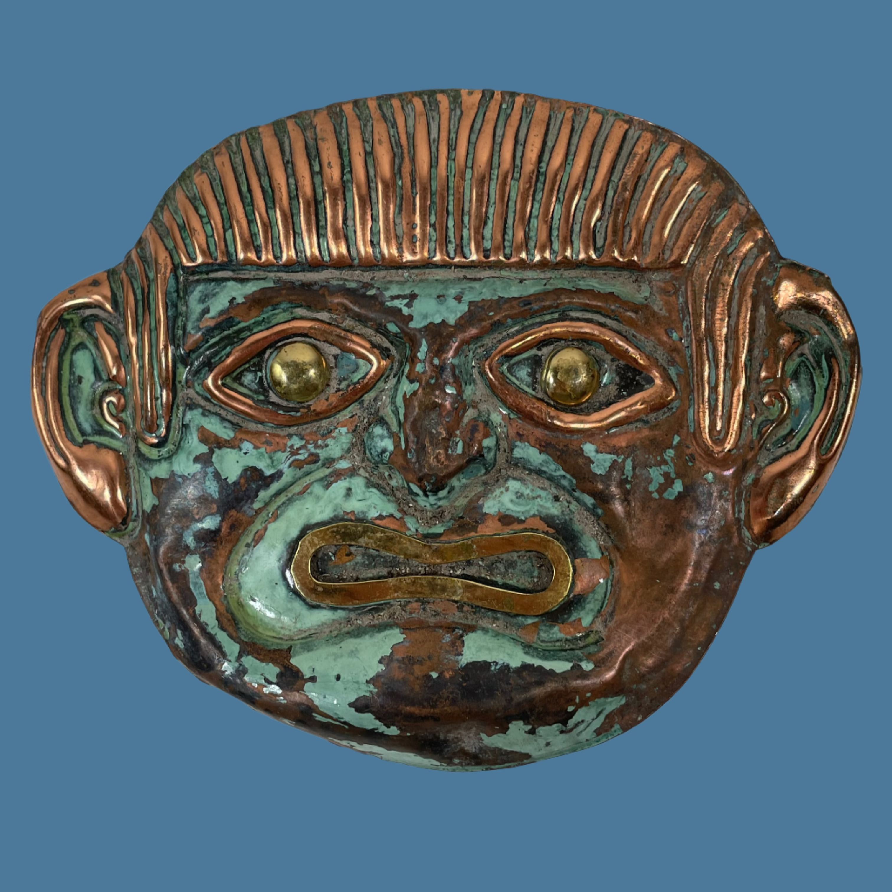 Vintage Peruvian Copper Mask – Handcrafted Metal God Head Wall Art