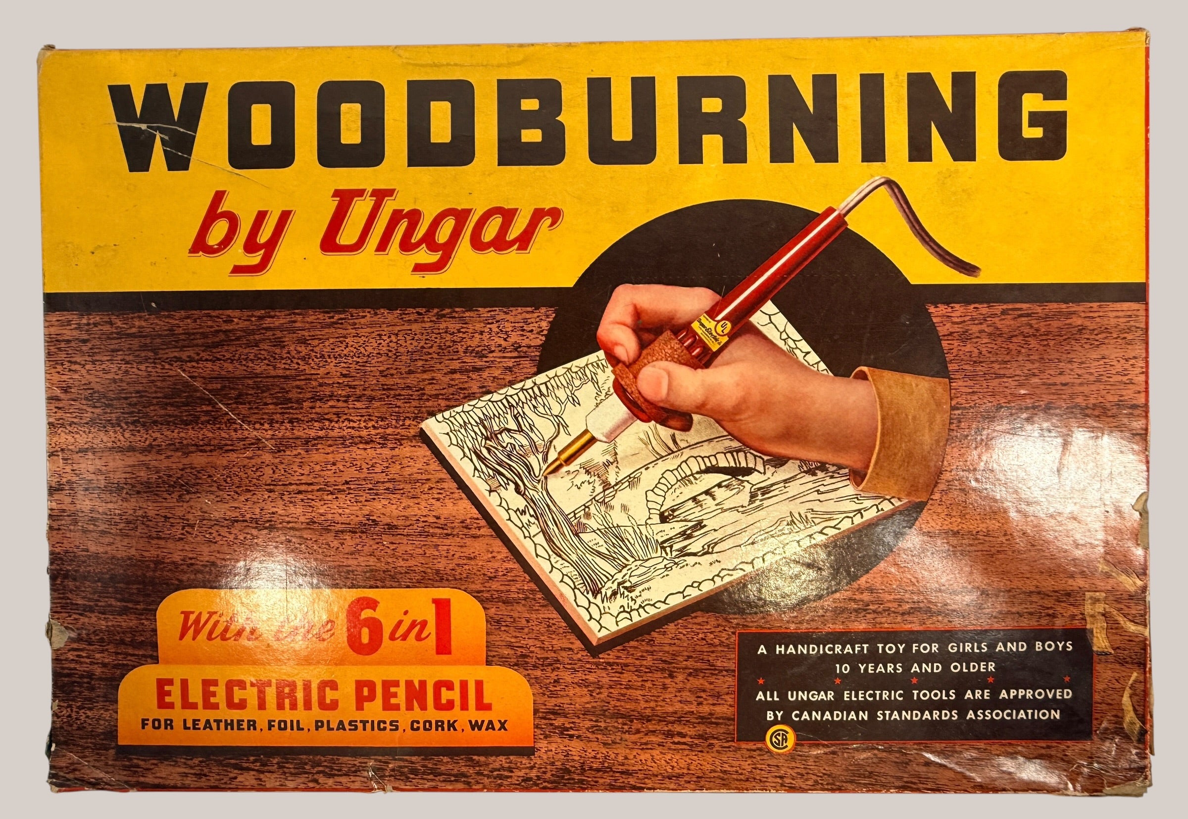 Vintage Ungar woodburning craft kit with original box, pyrography pencil, interchangeable tips, manuals, and accessories.