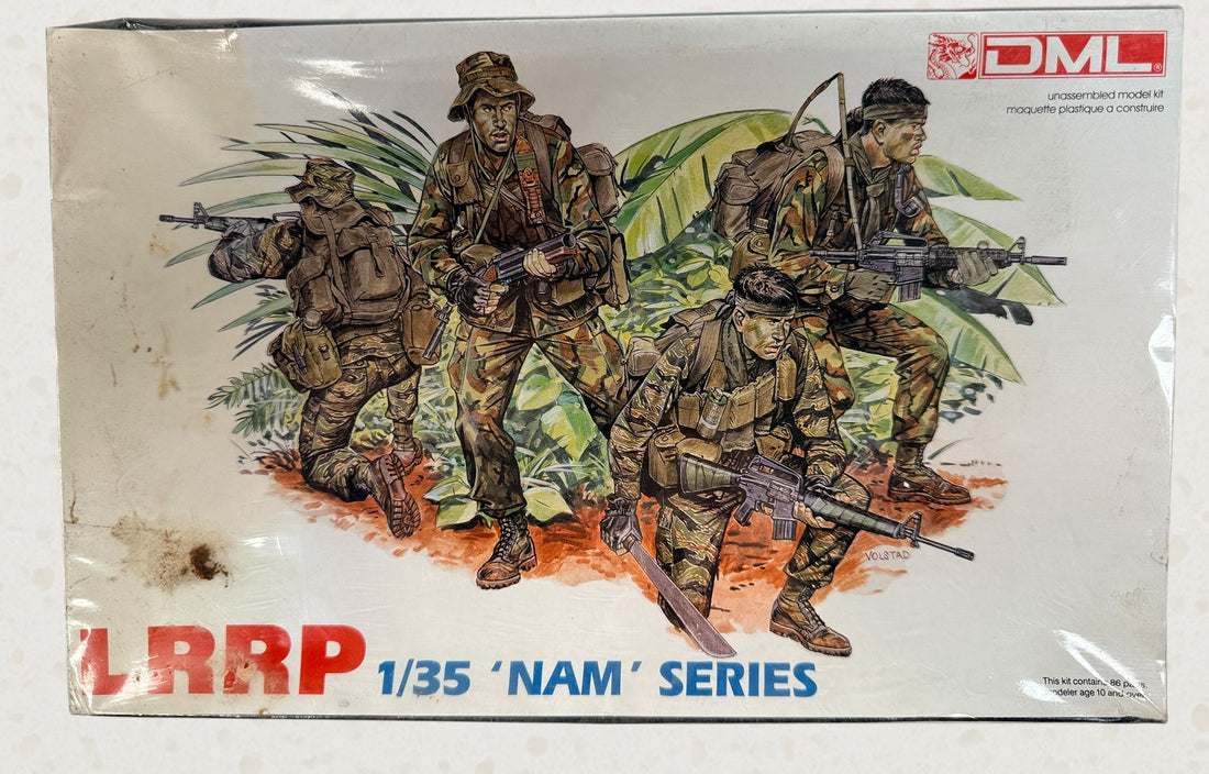 Vintage sealed DML LRRP 1/35 Vietnam War figure model kit No. 3303 with original box and Ron Volstad artwork.