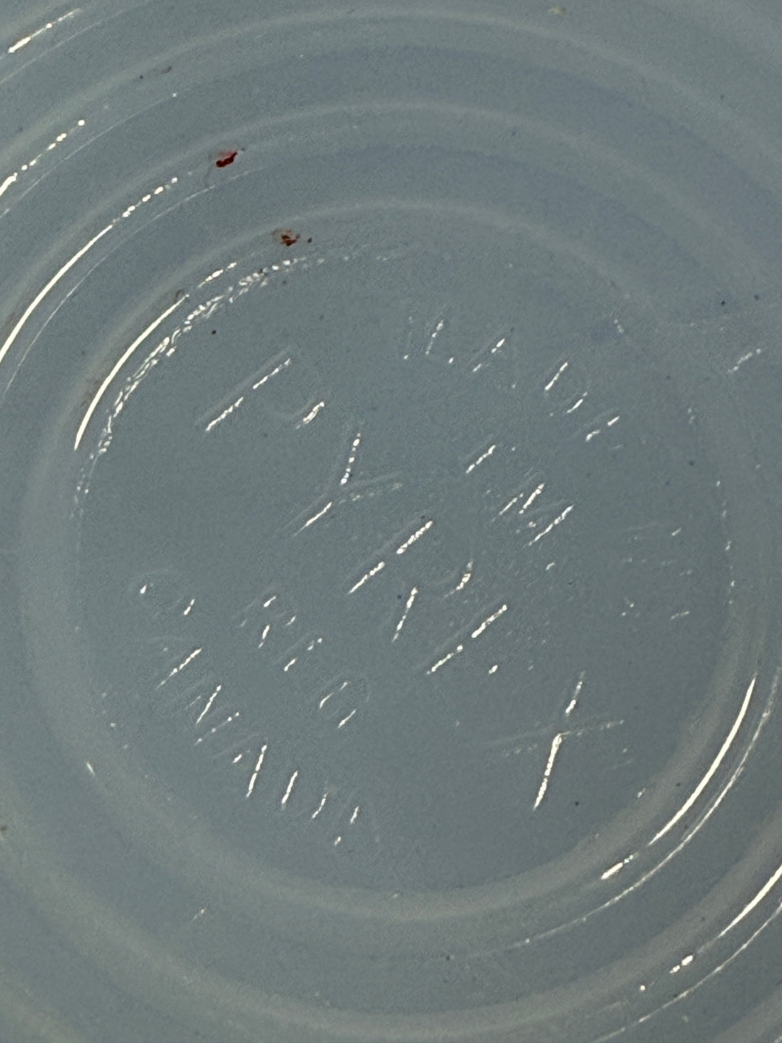 Close-up of a Blue, Pyrex Canada Glass Plate