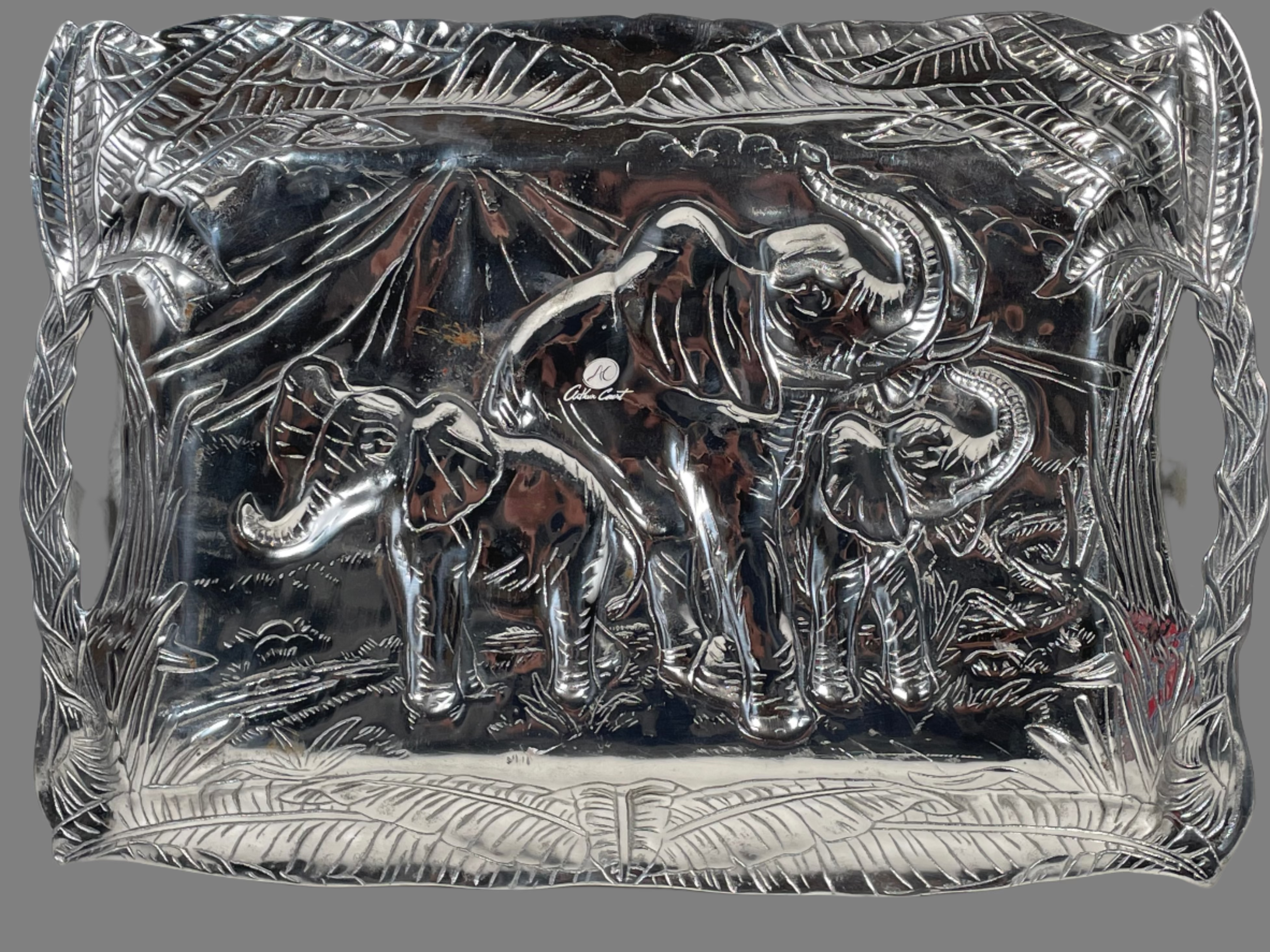 Arthur Court Safari Tray – Embossed Aluminum Elephants