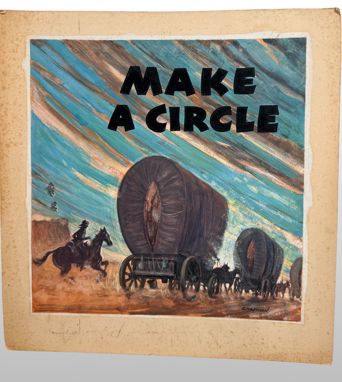 Original mid-century western illustration board signed Chapman featuring covered wagons and Americana frontier imagery. Unique commercial art and western décor collectible.