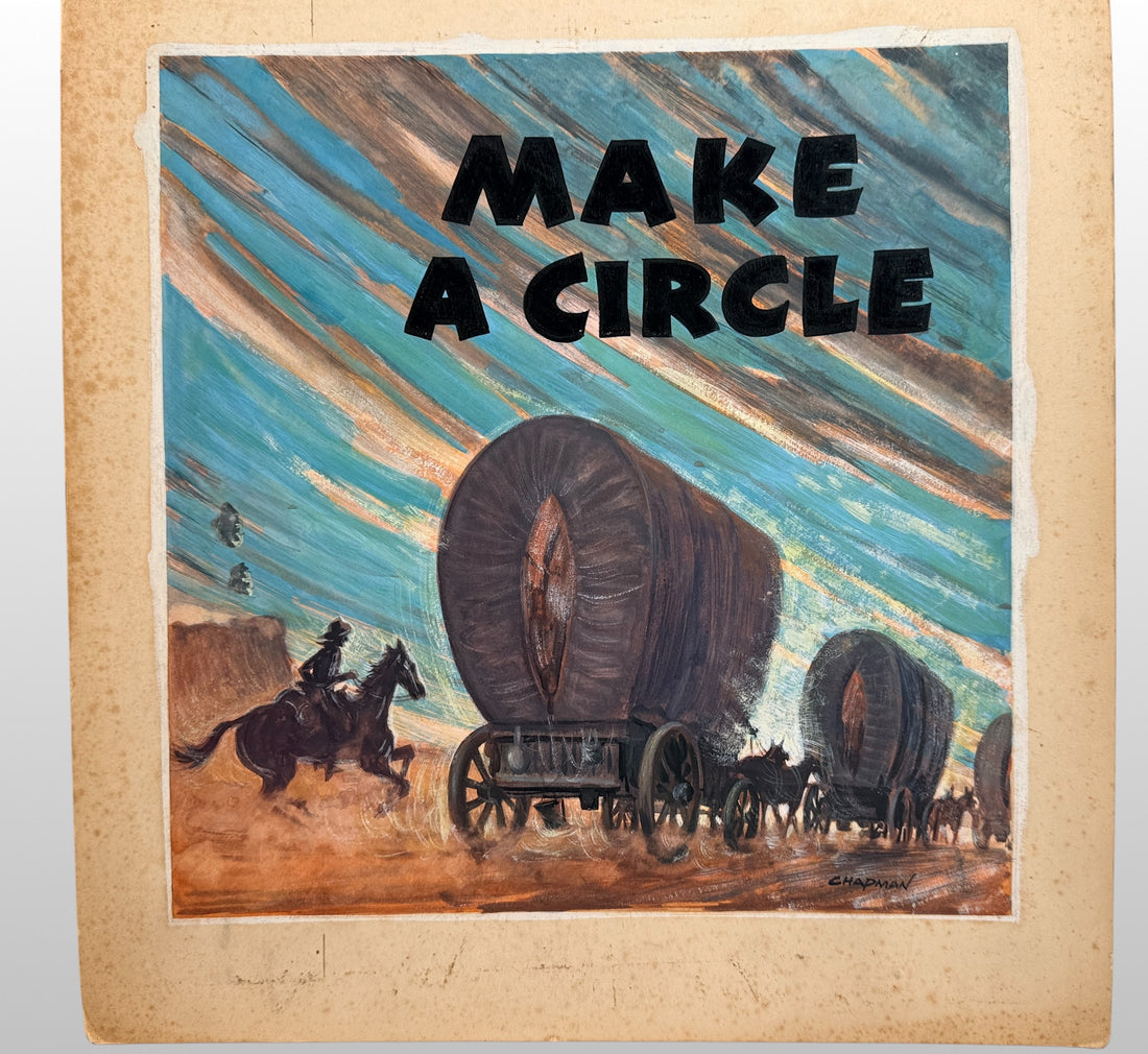 Original mid-century western illustration board signed Chapman featuring covered wagons and Americana frontier imagery. Unique commercial art and western décor collectible.