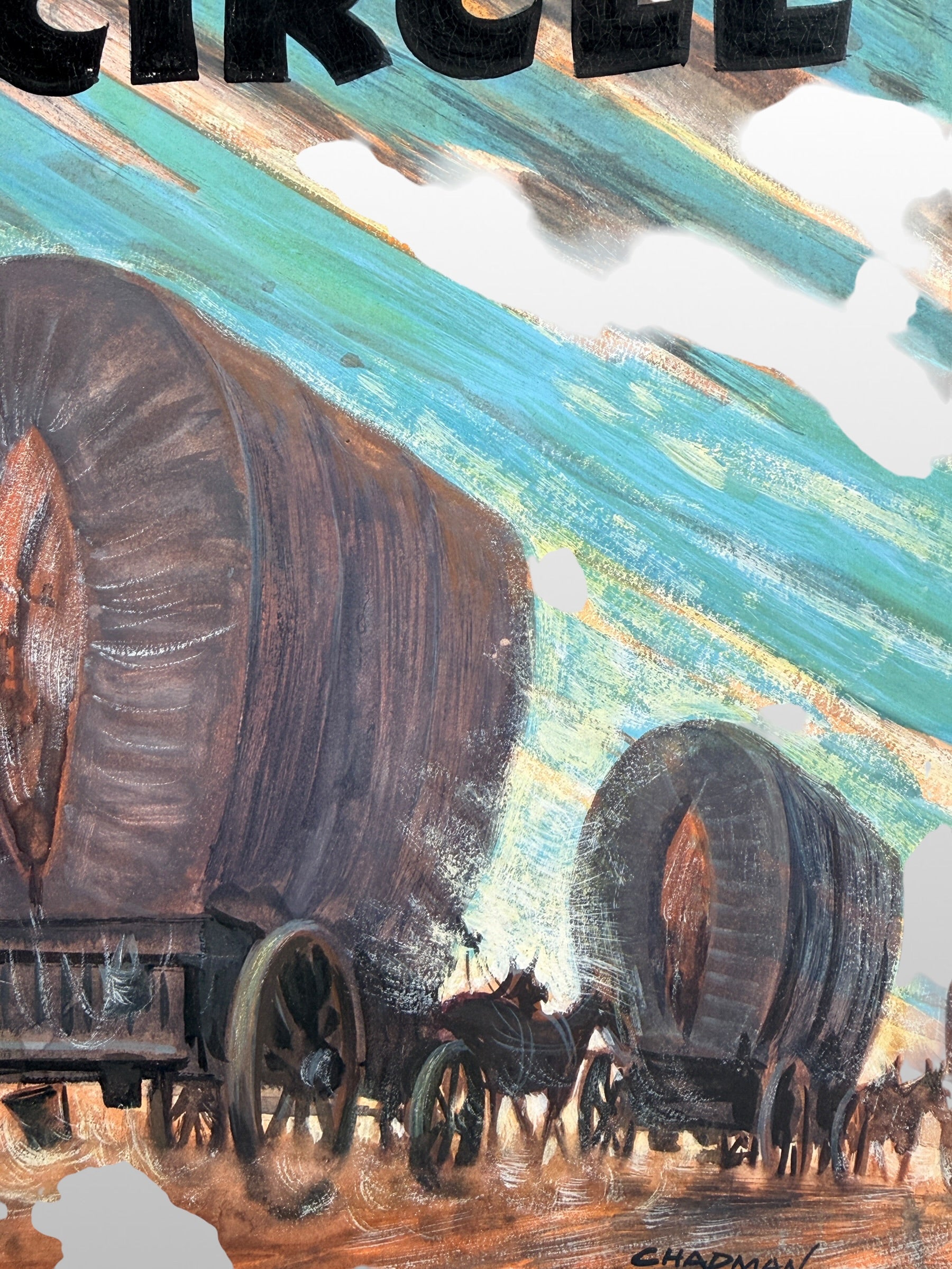 Original mid-century western illustration board signed Chapman featuring covered wagons and Americana frontier imagery. Unique commercial art and western décor collectible.