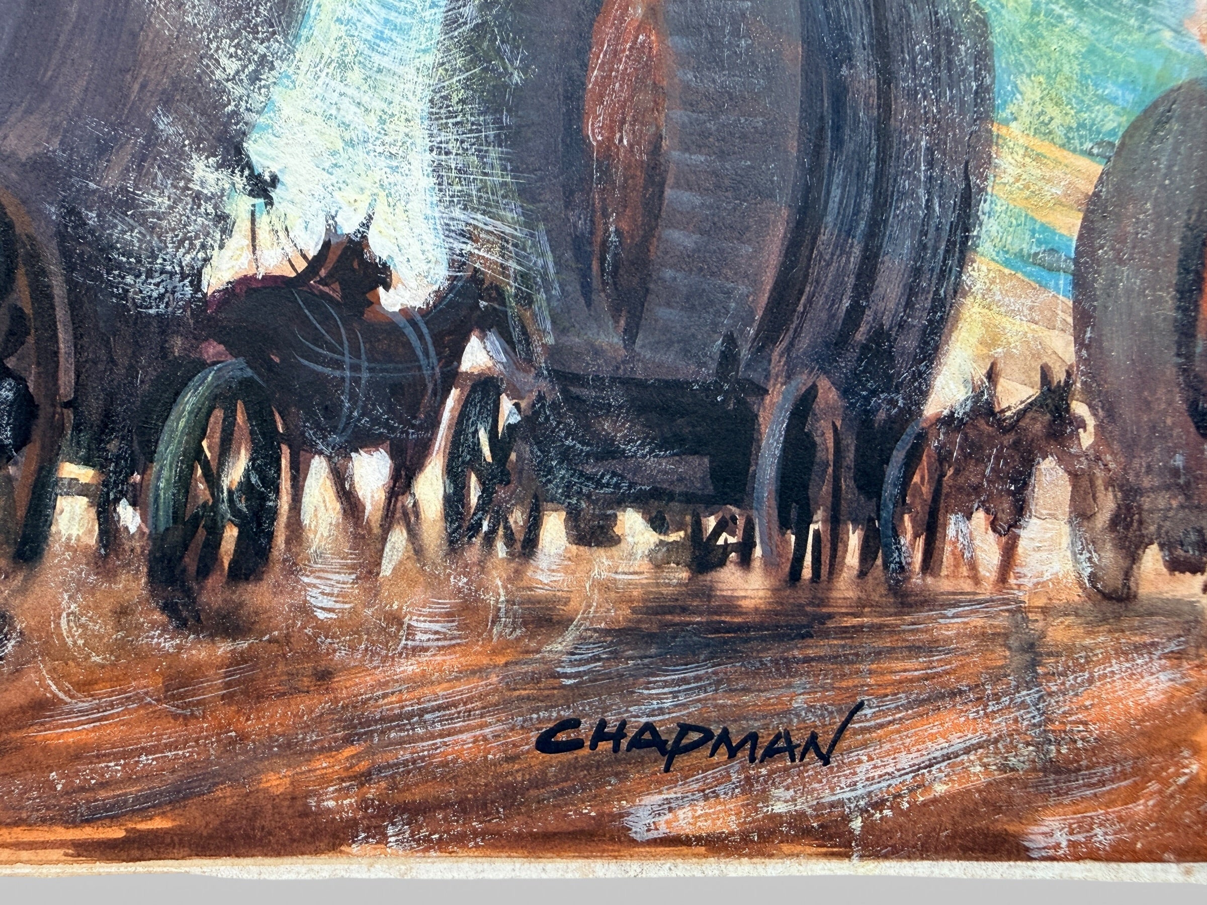 Original mid-century western illustration board signed Chapman featuring covered wagons and Americana frontier imagery. Unique commercial art and western décor collectible.