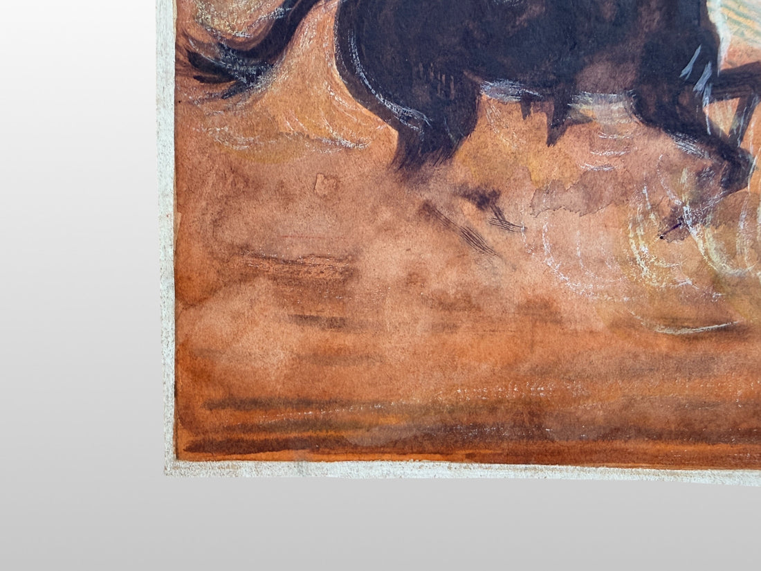 Original mid-century western illustration board signed Chapman featuring covered wagons and Americana frontier imagery. Unique commercial art and western décor collectible.