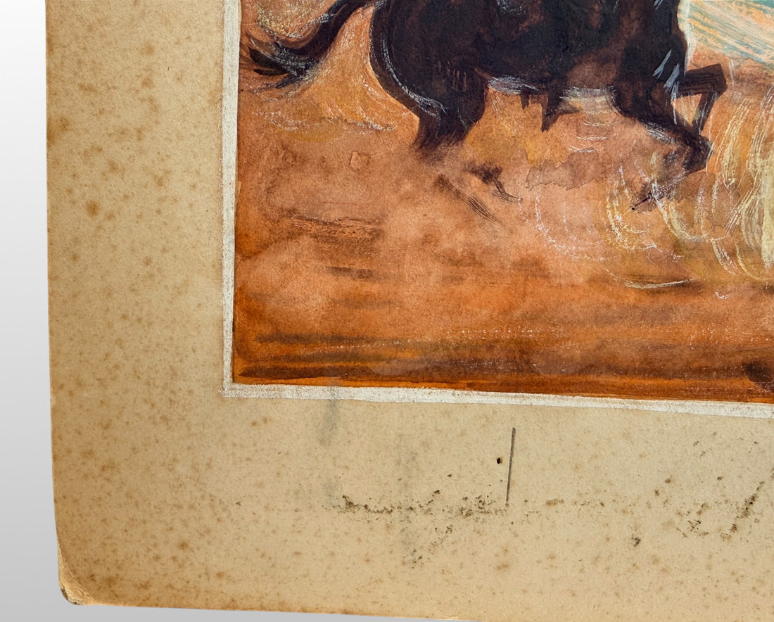 Original mid-century western illustration board signed Chapman featuring covered wagons and Americana frontier imagery. Unique commercial art and western décor collectible.