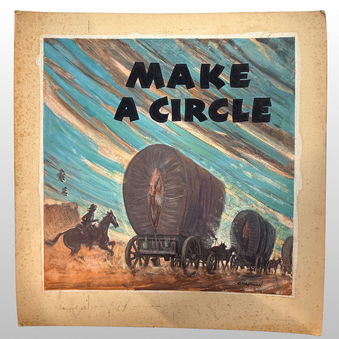 Original mid-century western illustration board signed Chapman featuring covered wagons and Americana frontier imagery. Unique commercial art and western décor collectible.