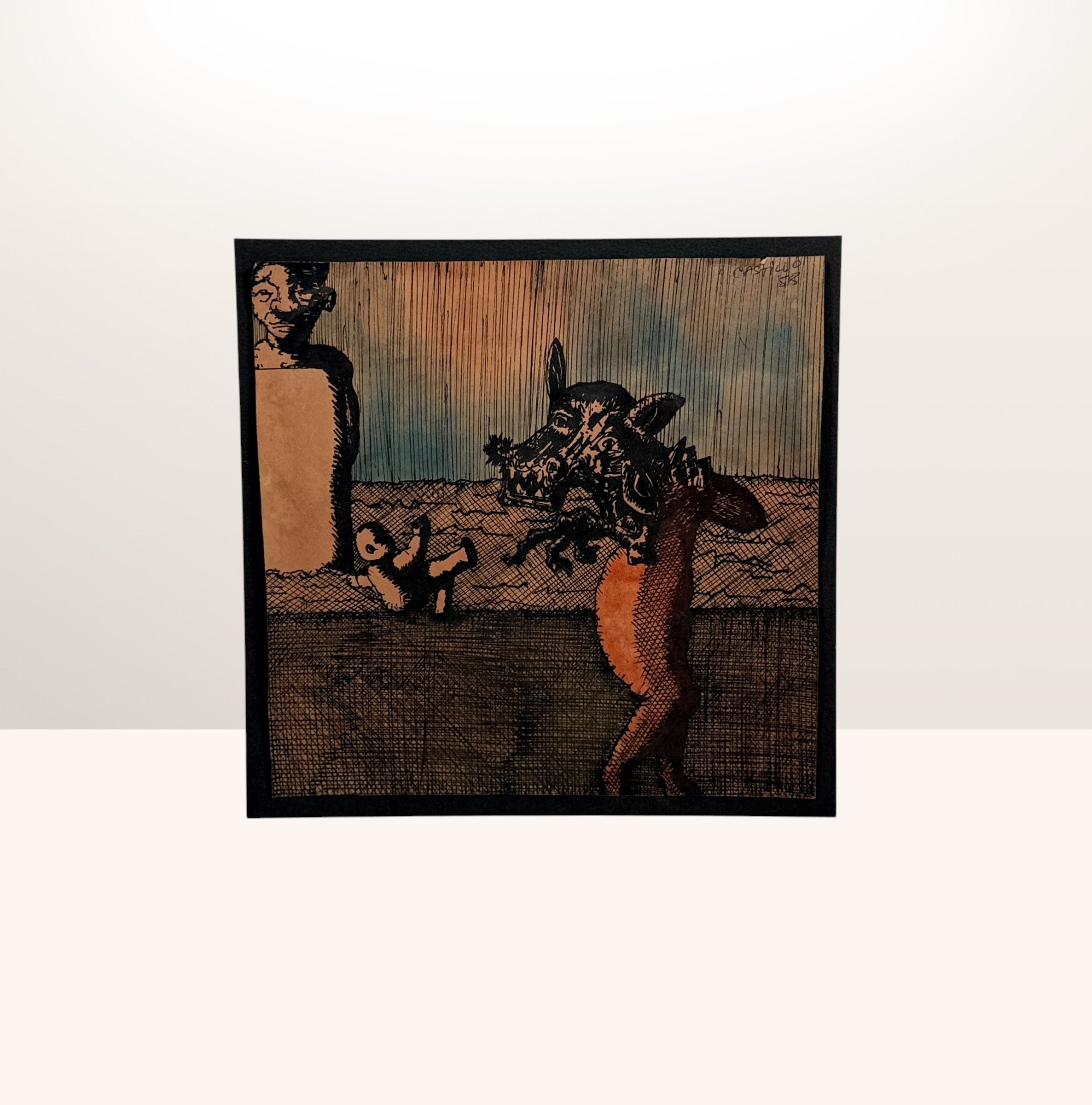 Signed 1988 surrealist ink and wash artwork attributed to Spanish artist Jorge Castillo featuring dark figurative imagery and expressive crosshatched linework.