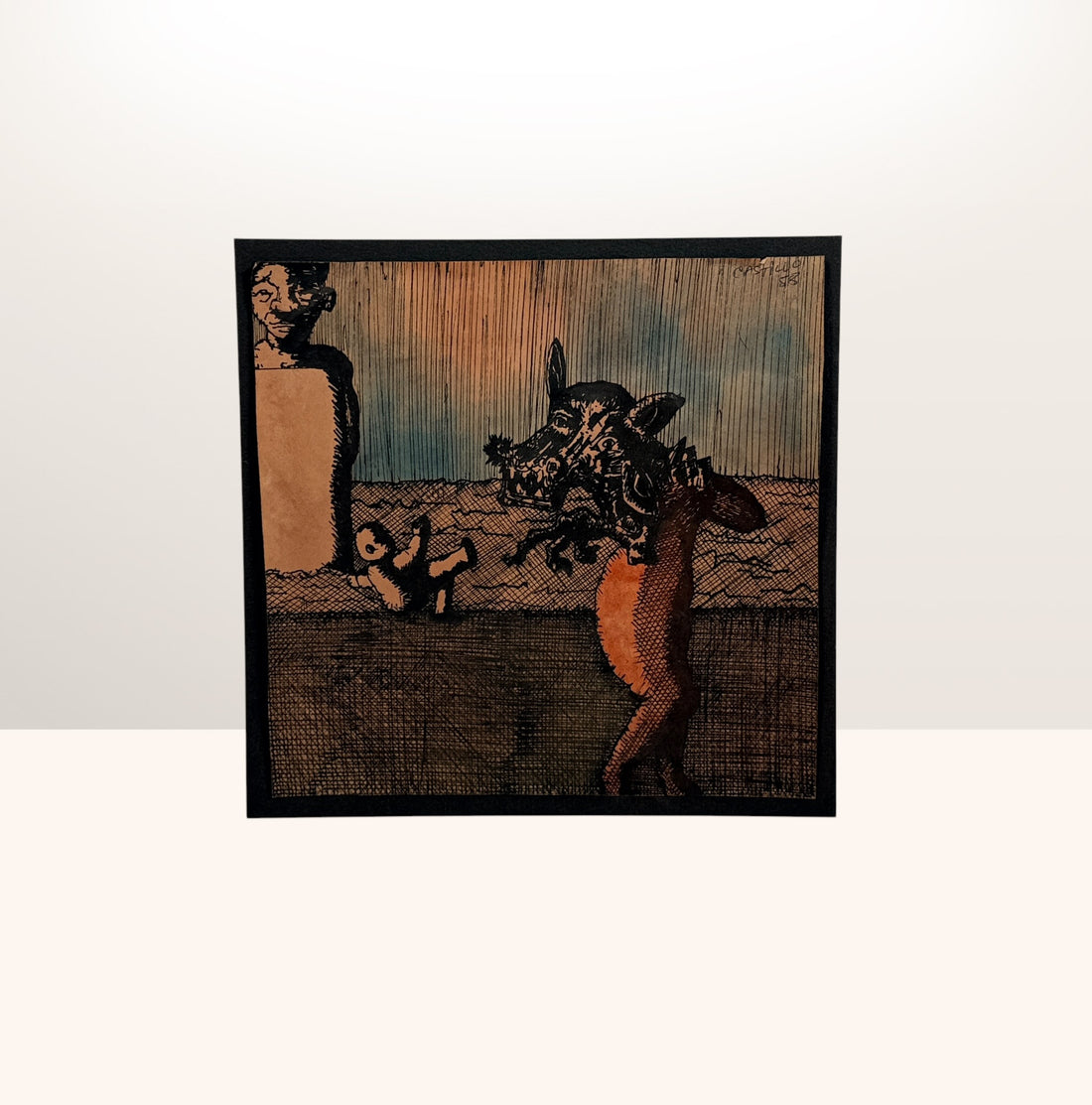 Signed 1988 surrealist ink and wash artwork attributed to Spanish artist Jorge Castillo featuring dark figurative imagery and expressive crosshatched linework.