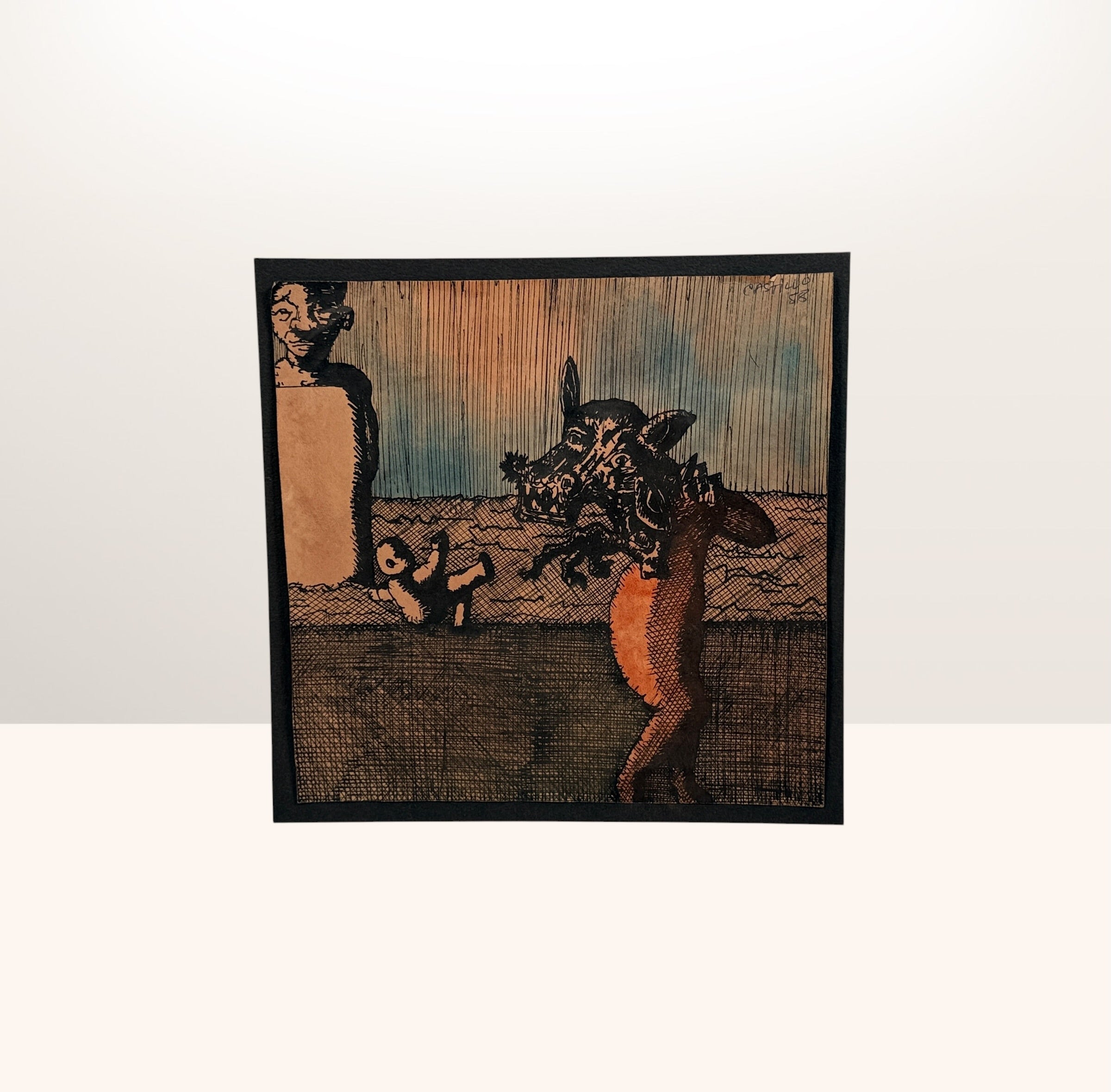 Signed 1988 surrealist ink and wash artwork attributed to Spanish artist Jorge Castillo featuring dark figurative imagery and expressive crosshatched linework.