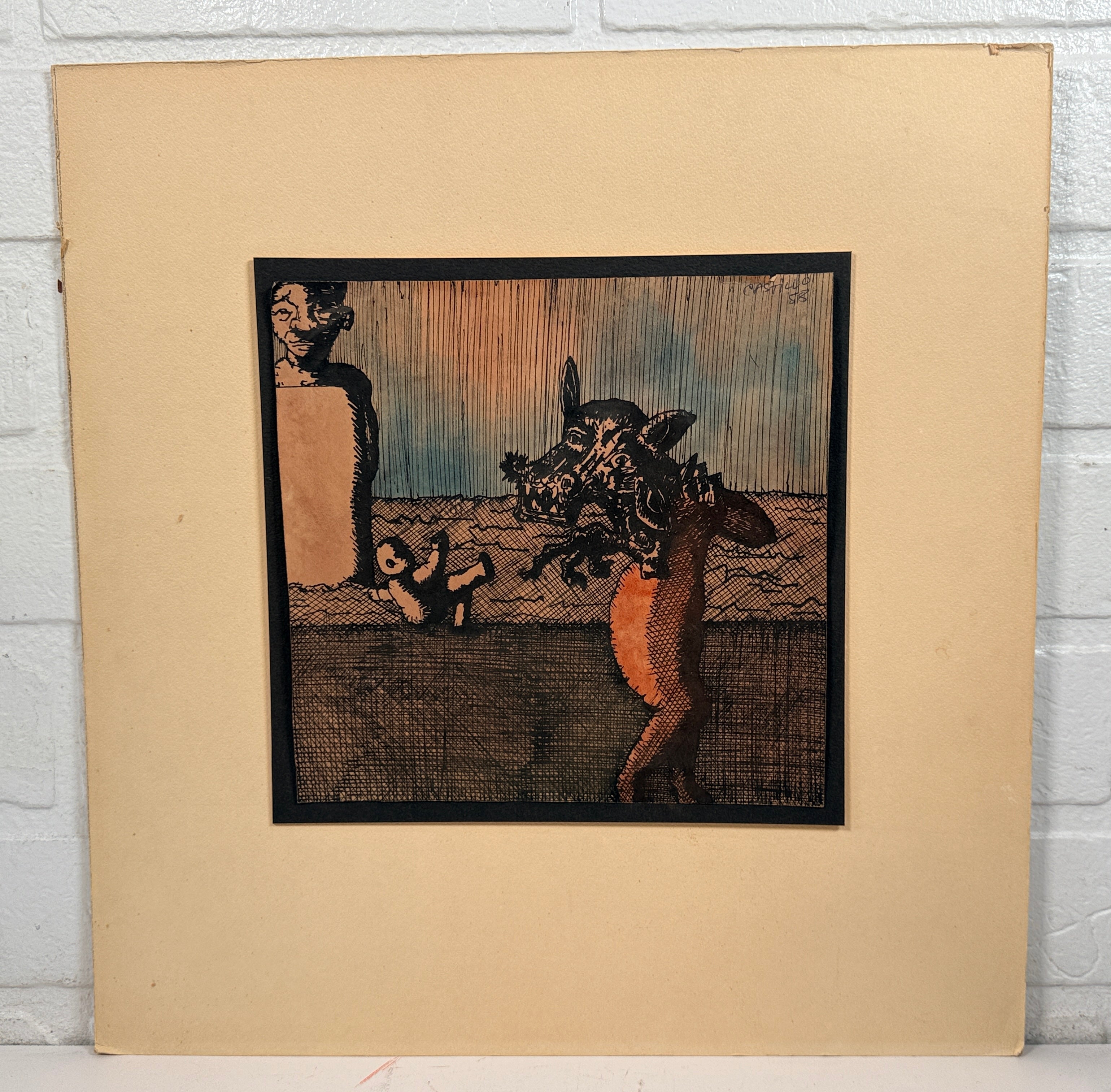 Signed 1988 surrealist ink and wash artwork attributed to Spanish artist Jorge Castillo featuring dark figurative imagery and expressive crosshatched linework.