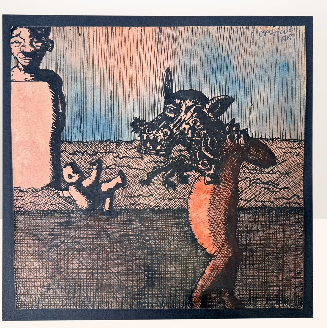Signed 1988 surrealist ink and wash artwork attributed to Spanish artist Jorge Castillo featuring dark figurative imagery and expressive crosshatched linework.