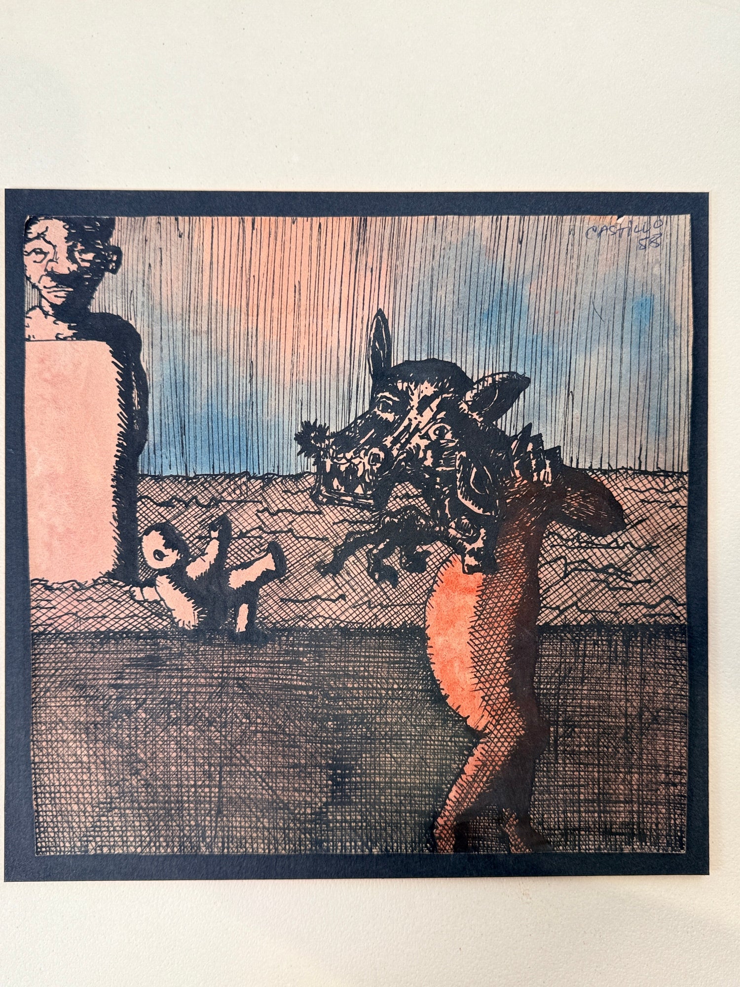 Jorge Castillo 1958 Surrealist Ink & Wash Drawing, Signed.