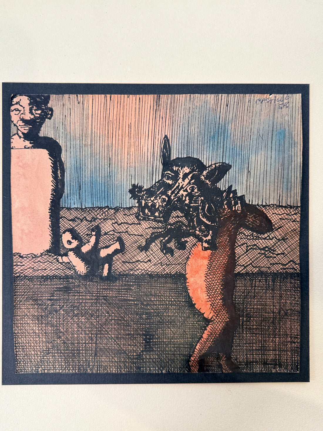 Jorge Castillo 1958 Surrealist Ink & Wash Drawing, Signed.