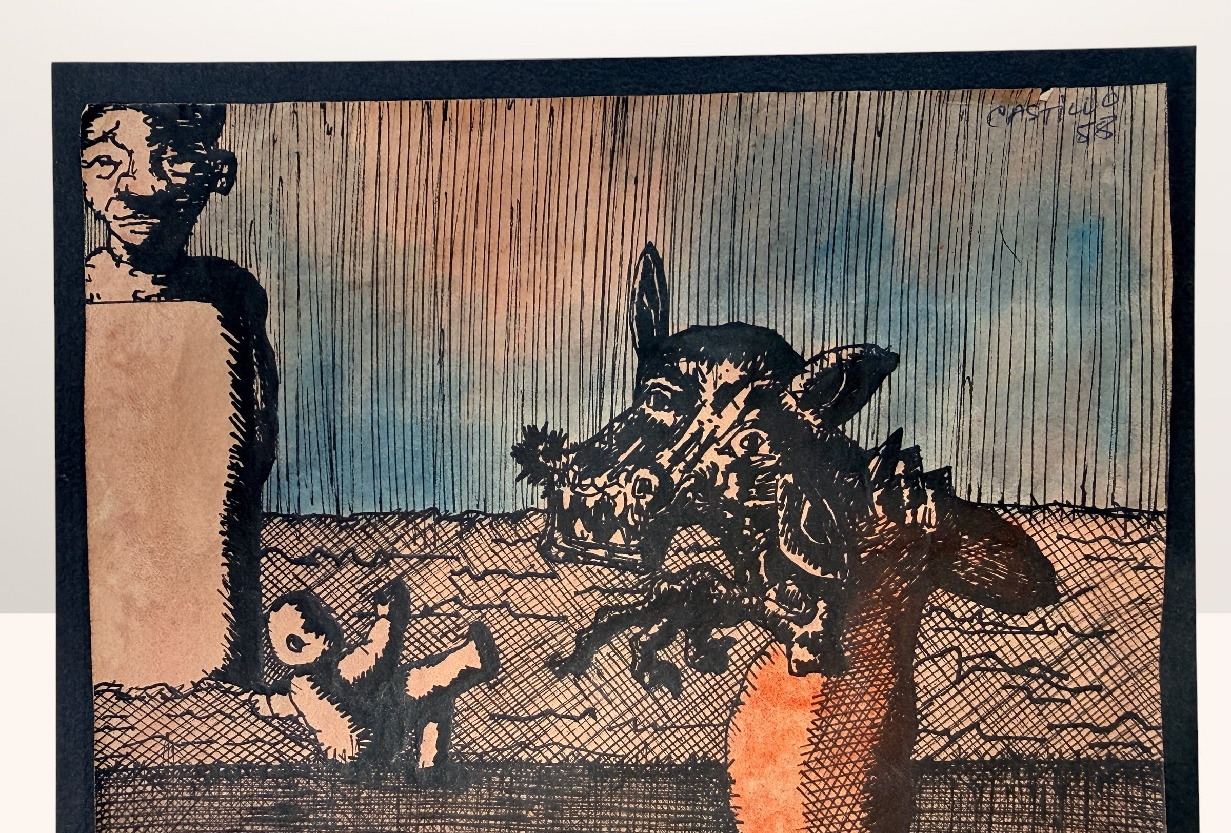 Signed 1988 surrealist ink and wash artwork attributed to Spanish artist Jorge Castillo featuring dark figurative imagery and expressive crosshatched linework.