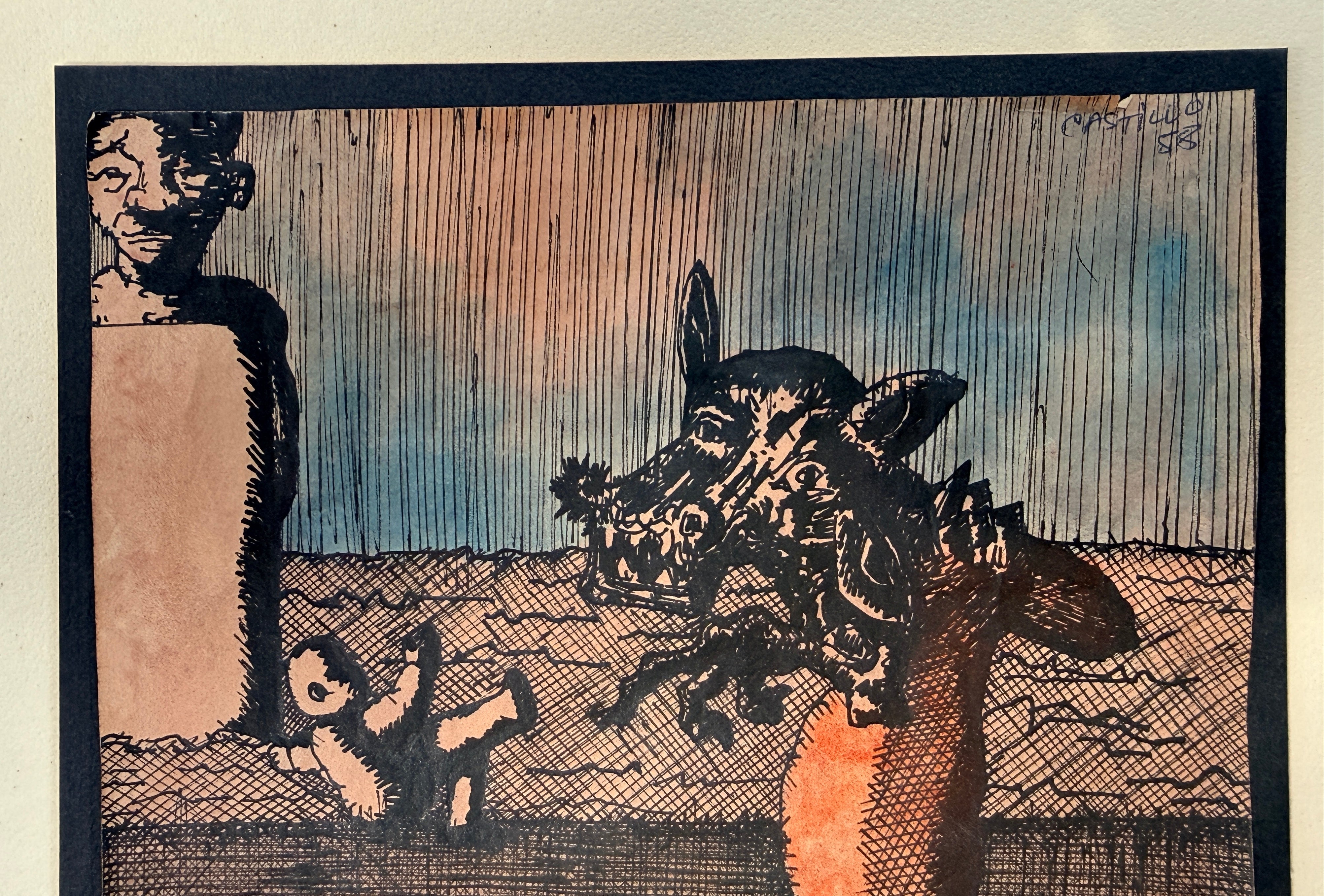 Jorge Castillo 1958 Surrealist Ink & Wash Drawing, Signed.