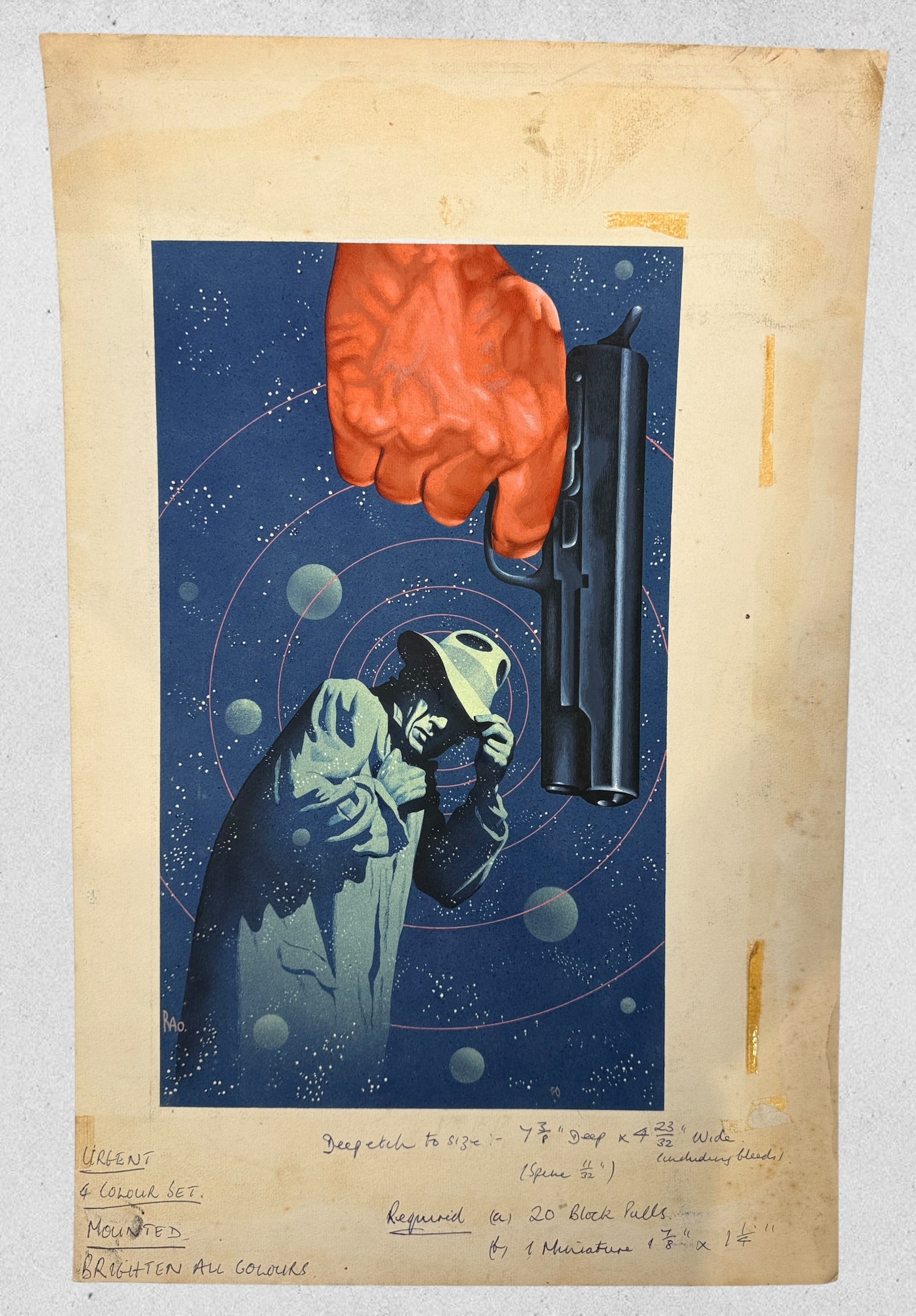 Original pulp sci-fi paperback cover art painting signed RAO with authentic vintage publishing production notes and surreal noir illustration imagery.