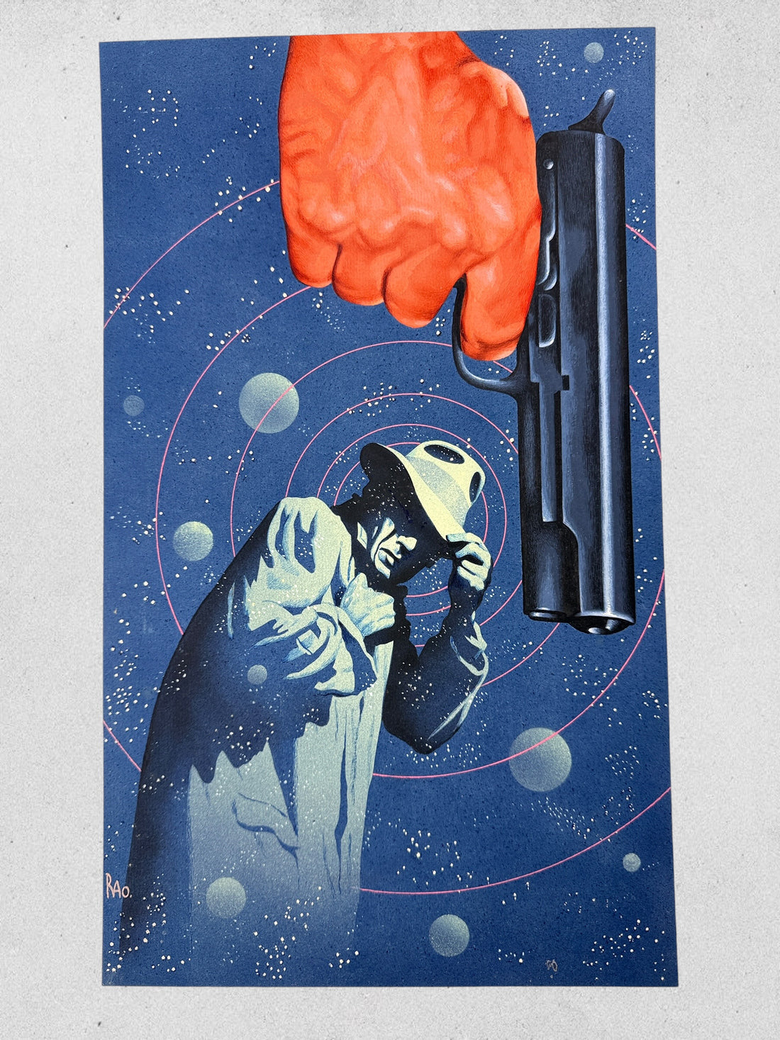 Original pulp sci-fi paperback cover art painting signed RAO with authentic vintage publishing production notes and surreal noir illustration imagery.