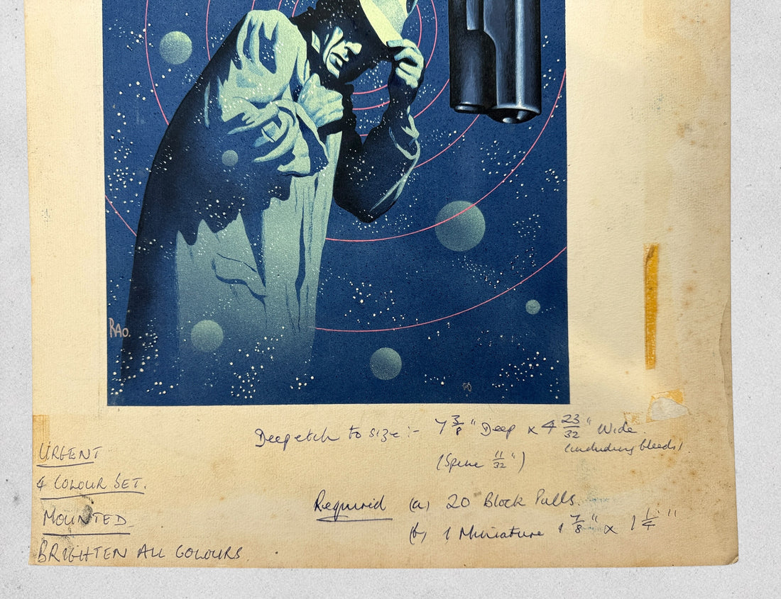 Original pulp sci-fi paperback cover art painting signed RAO with authentic vintage publishing production notes and surreal noir illustration imagery.
