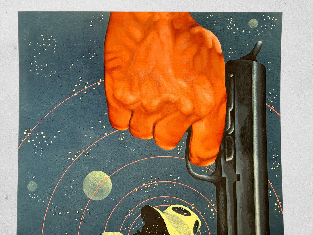 Original pulp sci-fi paperback cover art painting signed RAO with authentic vintage publishing production notes and surreal noir illustration imagery.