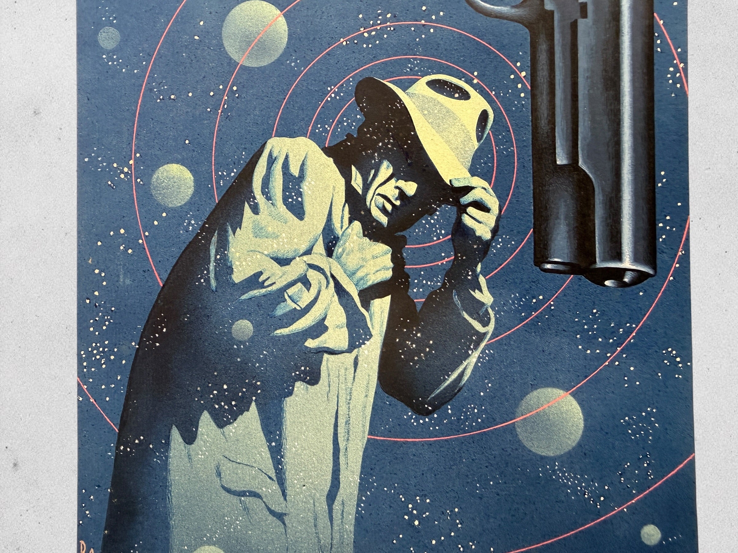 Original pulp sci-fi paperback cover art painting signed RAO with authentic vintage publishing production notes and surreal noir illustration imagery.
