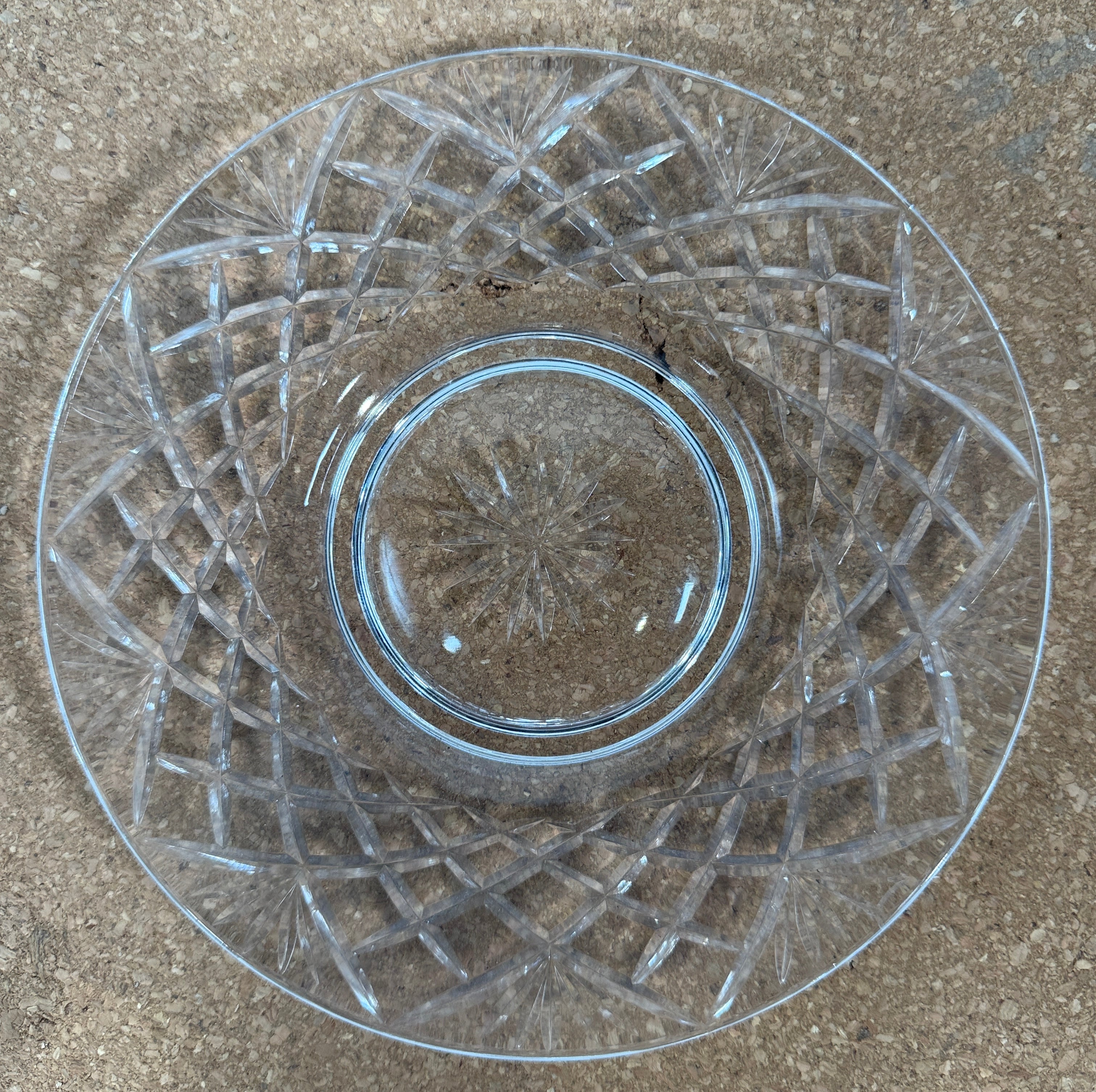 Set of 4 Clear Cut-Glass Dessert Plate – Diamond Crosshatch & Starburst Pattern, 6½″